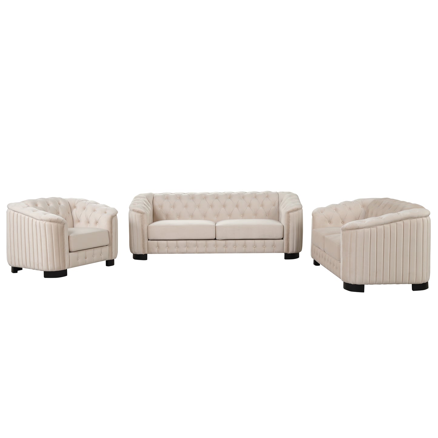 Modern 3-Piece Sofa Sets with Rubber Wood Legs,Velvet Upholstered Couches Sets Including Three Seat Sofa, Loveseat and Single Chair for Living Room Furniture Set,Beige - Enova Luxe Home Store