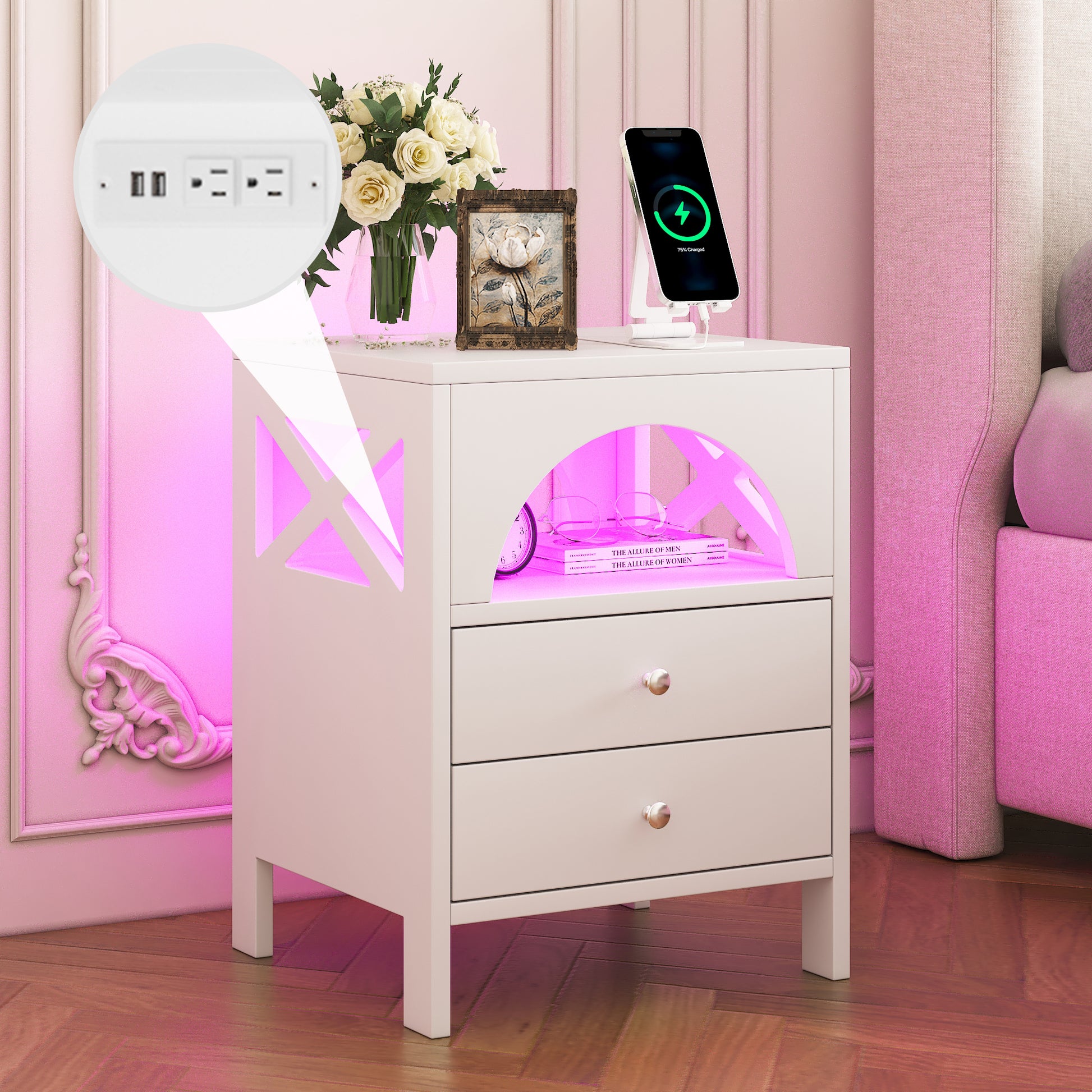 3-Pieces Bedroom Sets,Queen Size Upholstered Bed with LED Lights and Motion Activated Night Lights,Two Nightstands with USB Charging Station and LED lights,White - Enova Luxe Home Store