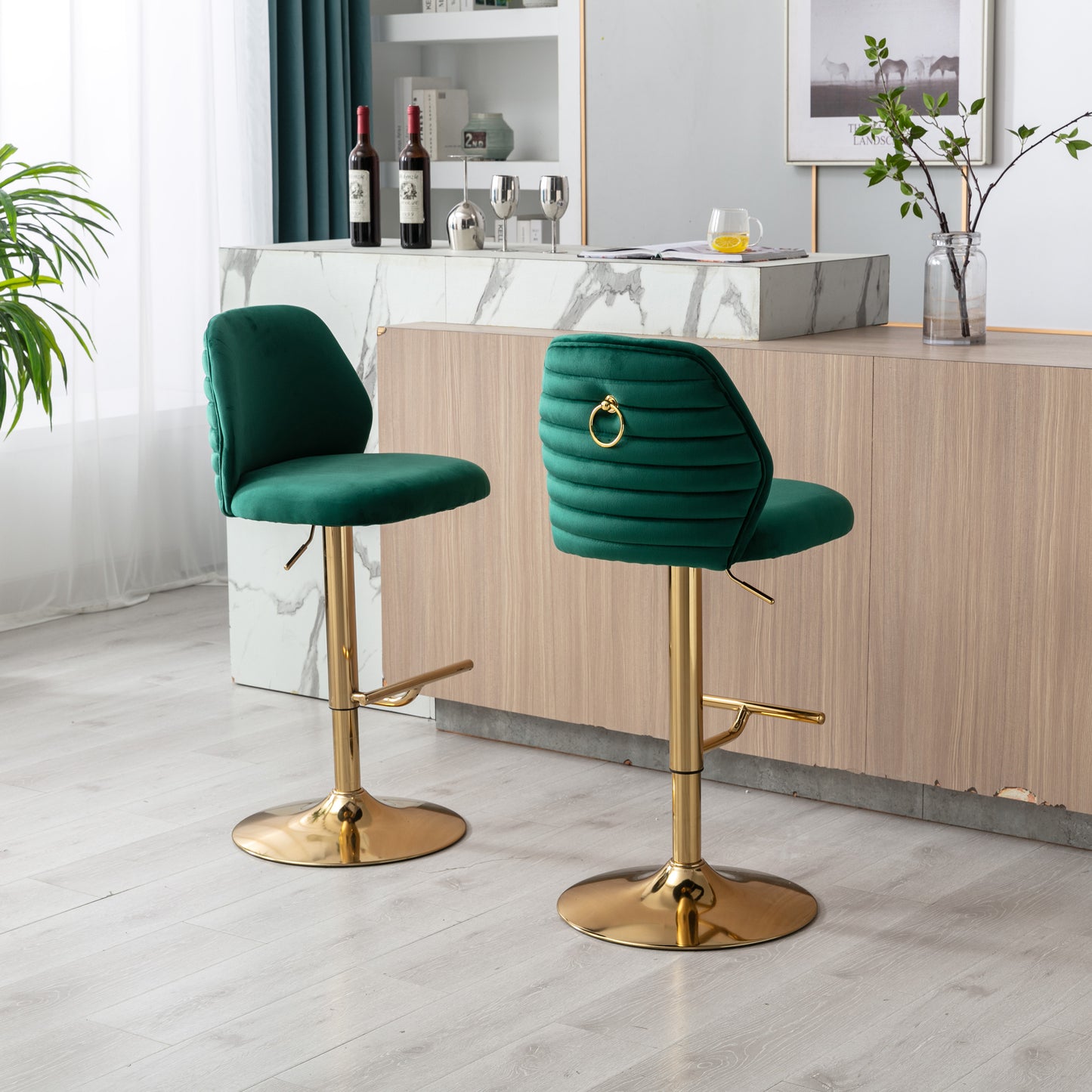Swivel Bar Stools Chair Set of 2 Modern Adjustable Counter Height Bar Stools, Velvet Upholstered Stool with Tufted High Back & Ring Pull for Kitchen , Chrome Golden Base, Green - Enova Luxe Home Store