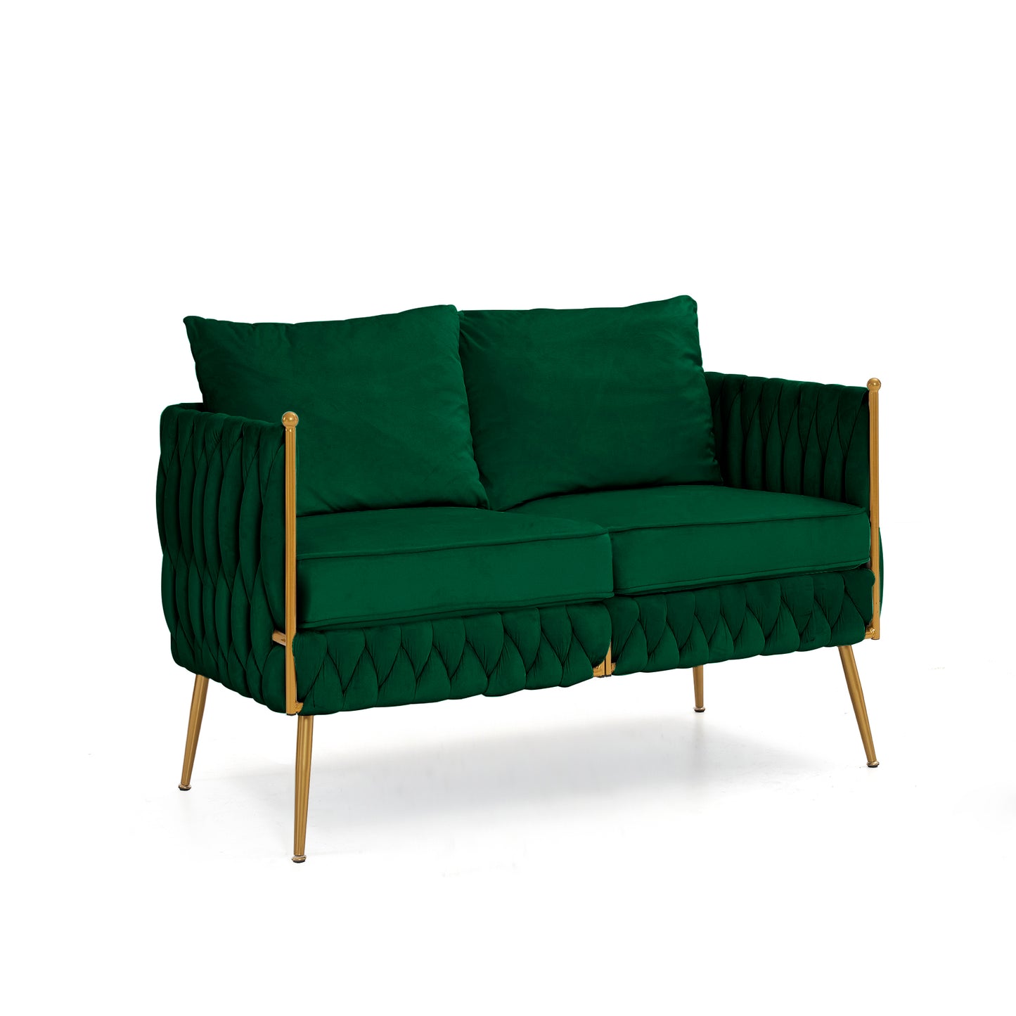 2 Pieces of Loveseat Set Modern Living Room Furniture Set Sofa Couch with Dutch Velvet, Golden Metal Legs And Handmade Woven Back, Green Velvet