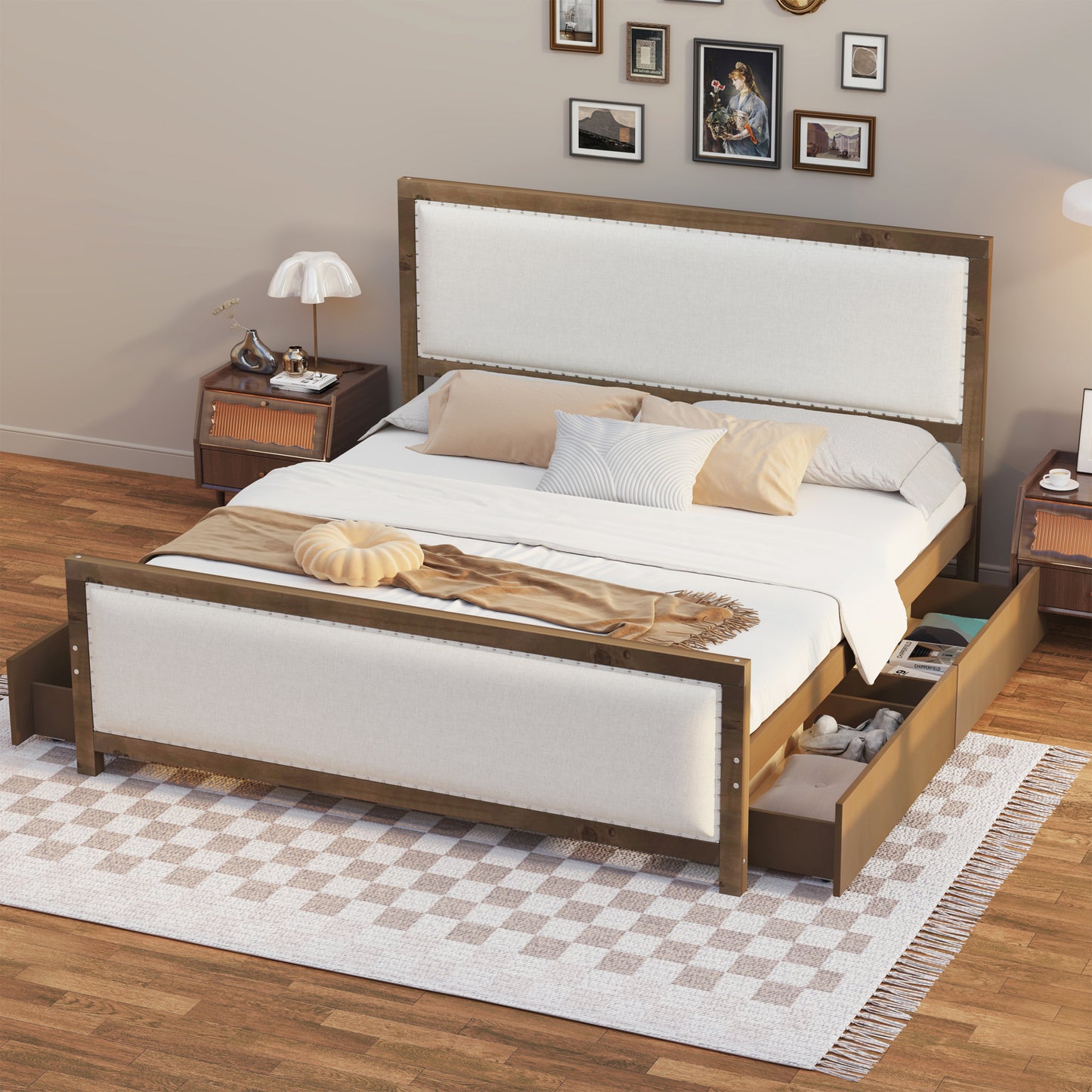Queen Size Upholstered Platform Bed with Wood Frame and 4 Drawers, Natural Wooden+Beige Fabric - Enova Luxe Home Store