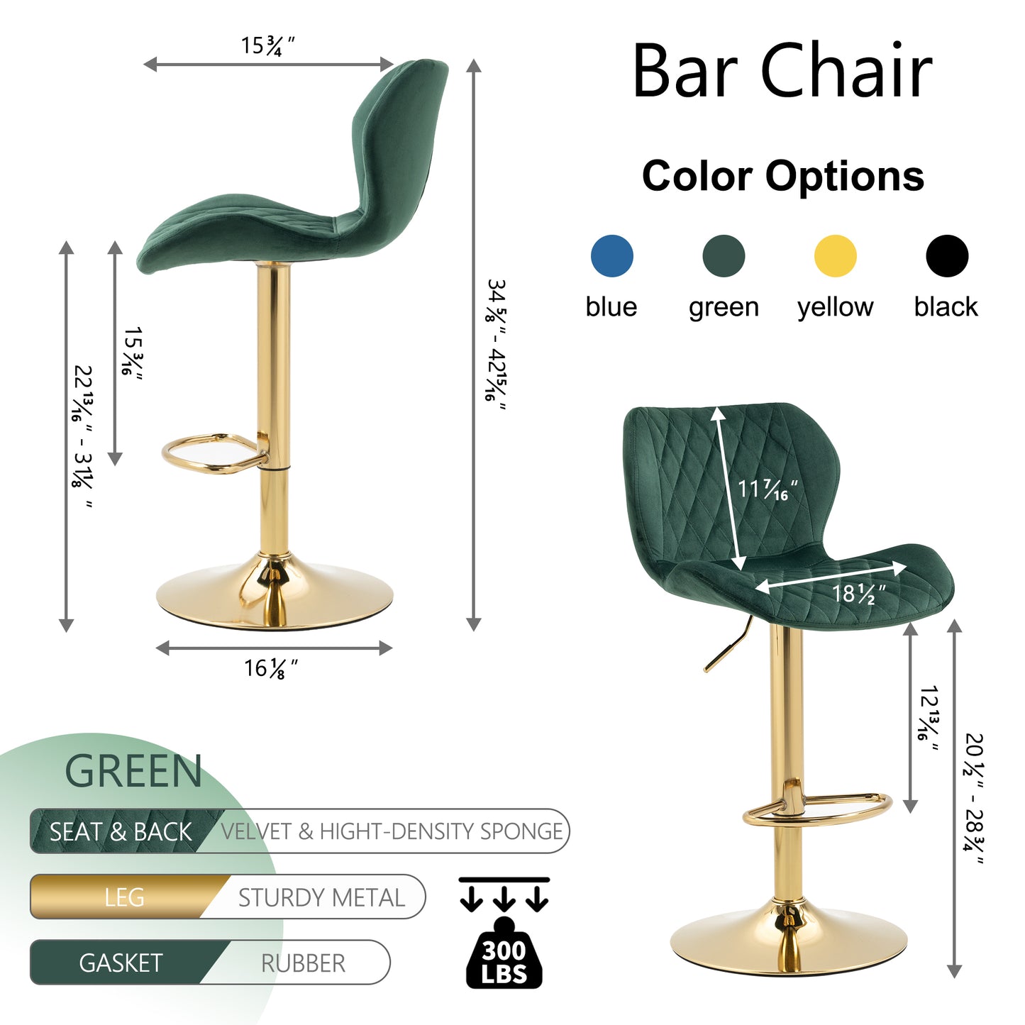 Green Velvet Adjustable Swivel Bar Stools Set Of 2 Modern Counter Height Barstools With Golden Color Base - Enova Luxe Home Store