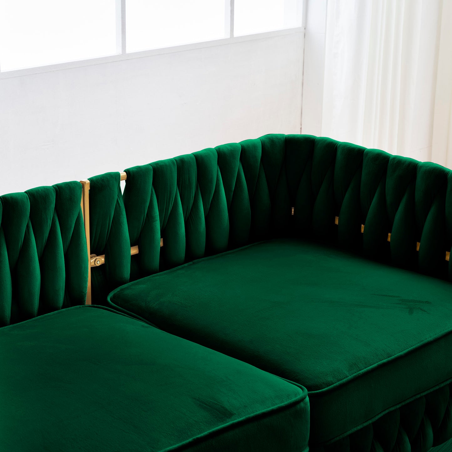 2 Pieces of Loveseat Set Modern Living Room Furniture Set Sofa Couch with Dutch Velvet, Golden Metal Legs And Handmade Woven Back, Green Velvet