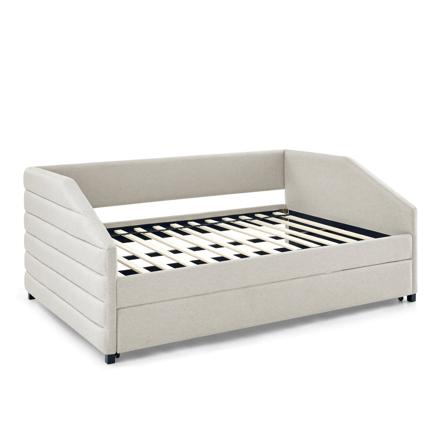 Full Size Daybed with Trundle Upholstered Tufted Sofa Bed, Linen Fabric, Beige (82.5"x58"x34")