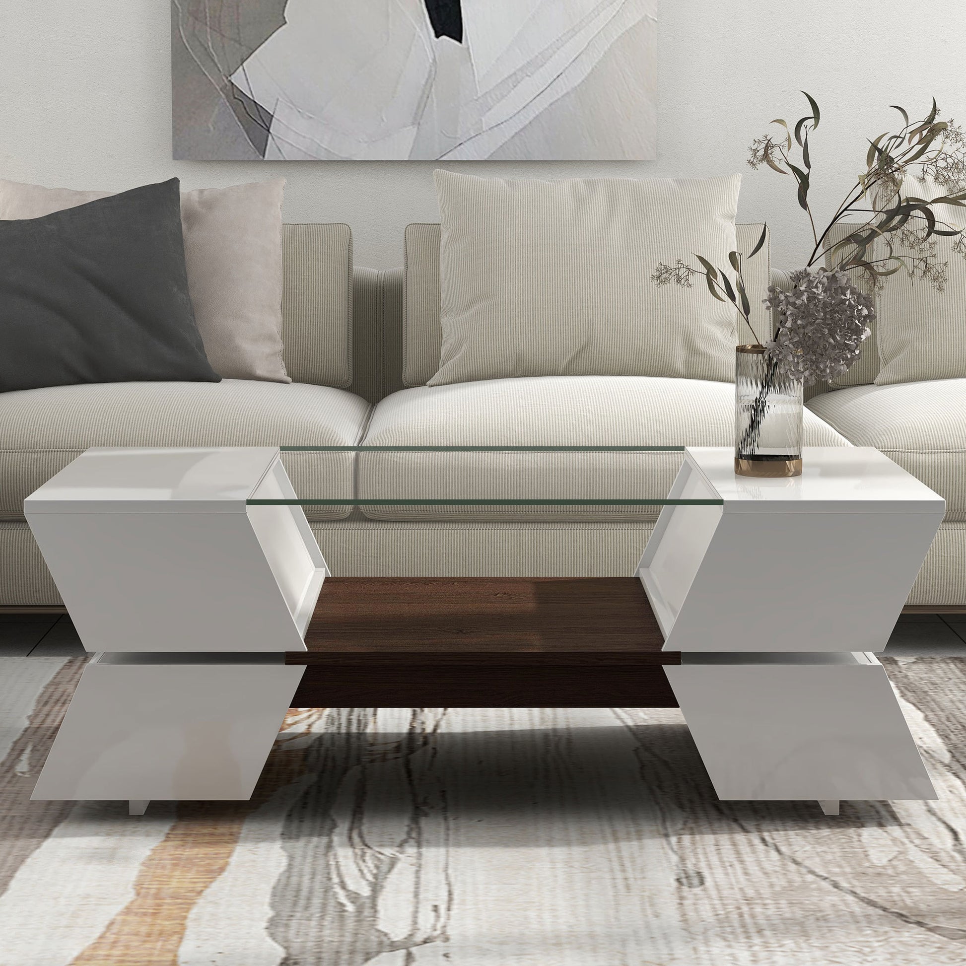 ON-TREND 6mm Glass-Top Coffee Table with Open Shelves and Cabinets, Geometric Style Cocktail Table with Great Storage Capacity, Modernist 2-Tier Center Table for Living Room, White - Enova Luxe Home Store