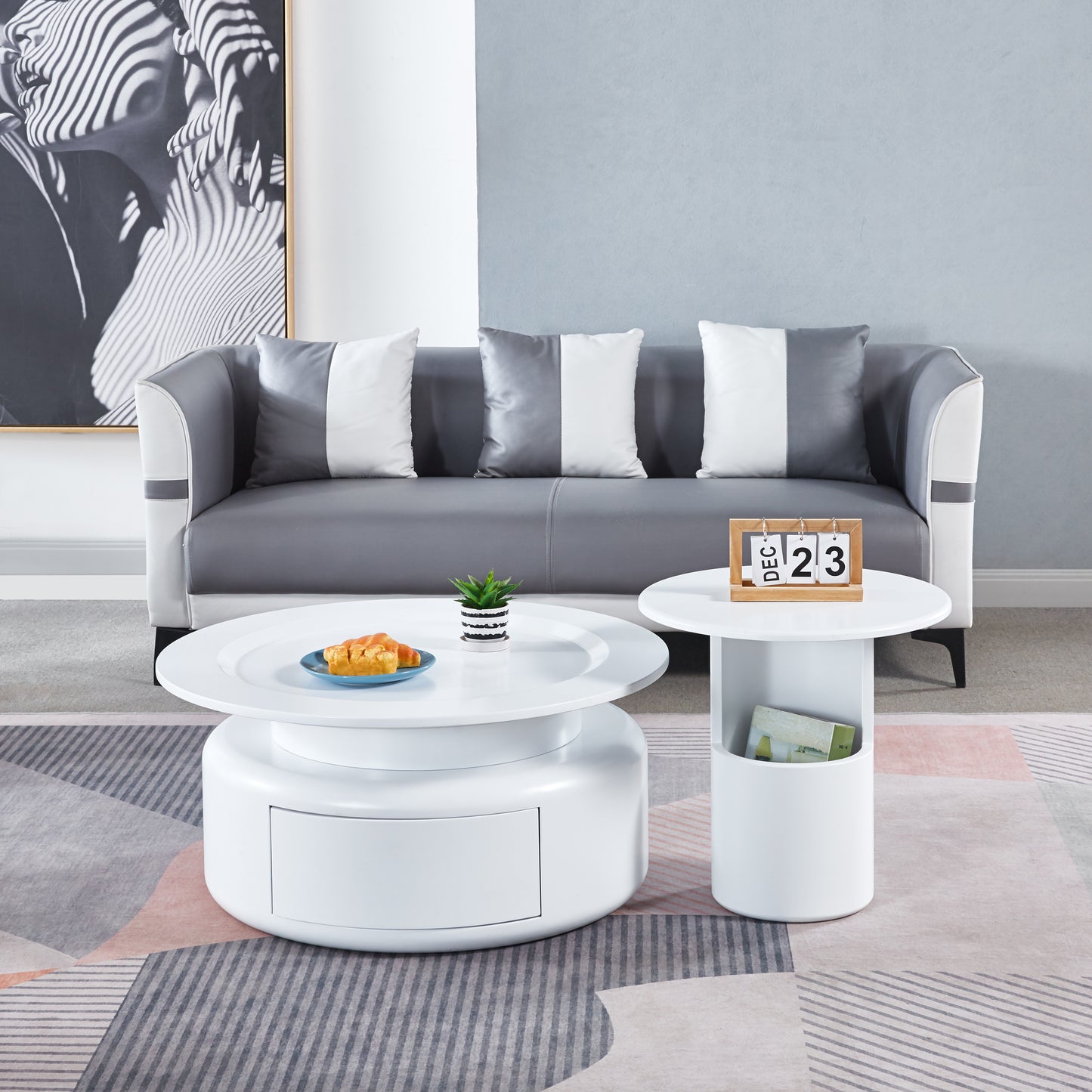 2 Pieces White MDF Round Coffee Table Set for Living Room, Bedroom