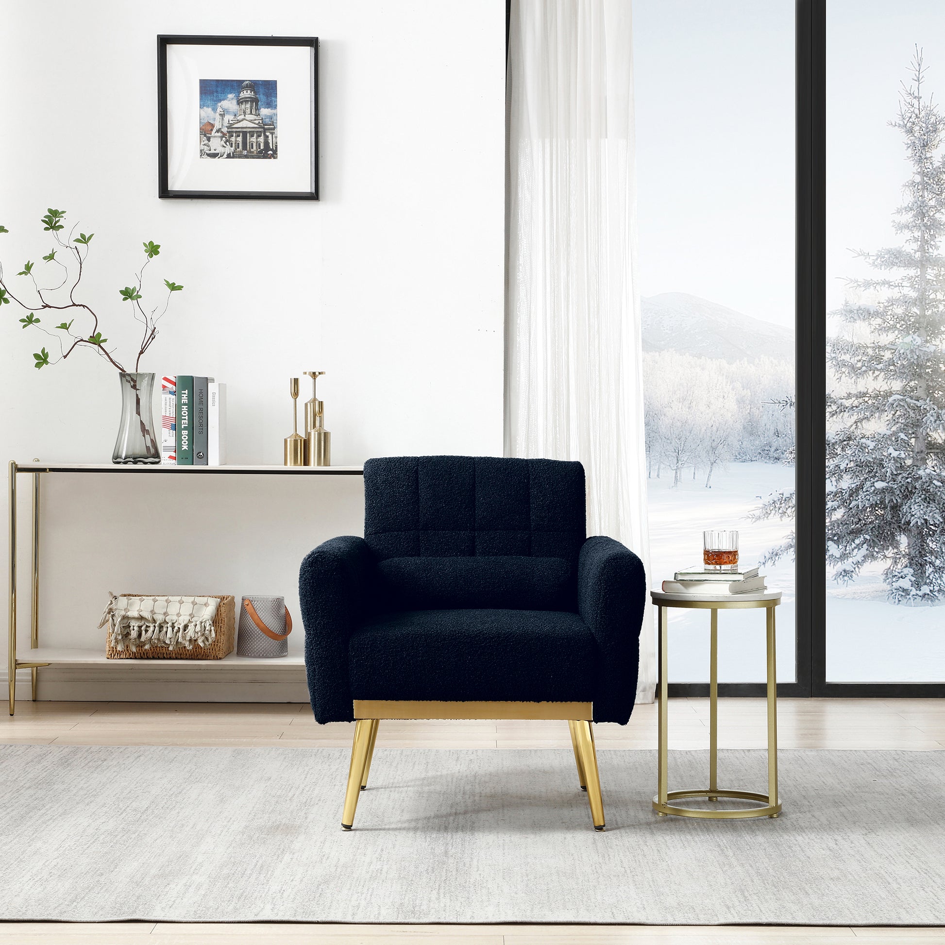 Mid Century Modern Accent Chair Upholstered Reading Chair Sofa Chair with Metal Legs and Throw Pillow Side Chair for Living Room Bedroom Dorm Room Office (Dark Blue,Teddy Fabric) - Enova Luxe Home Store