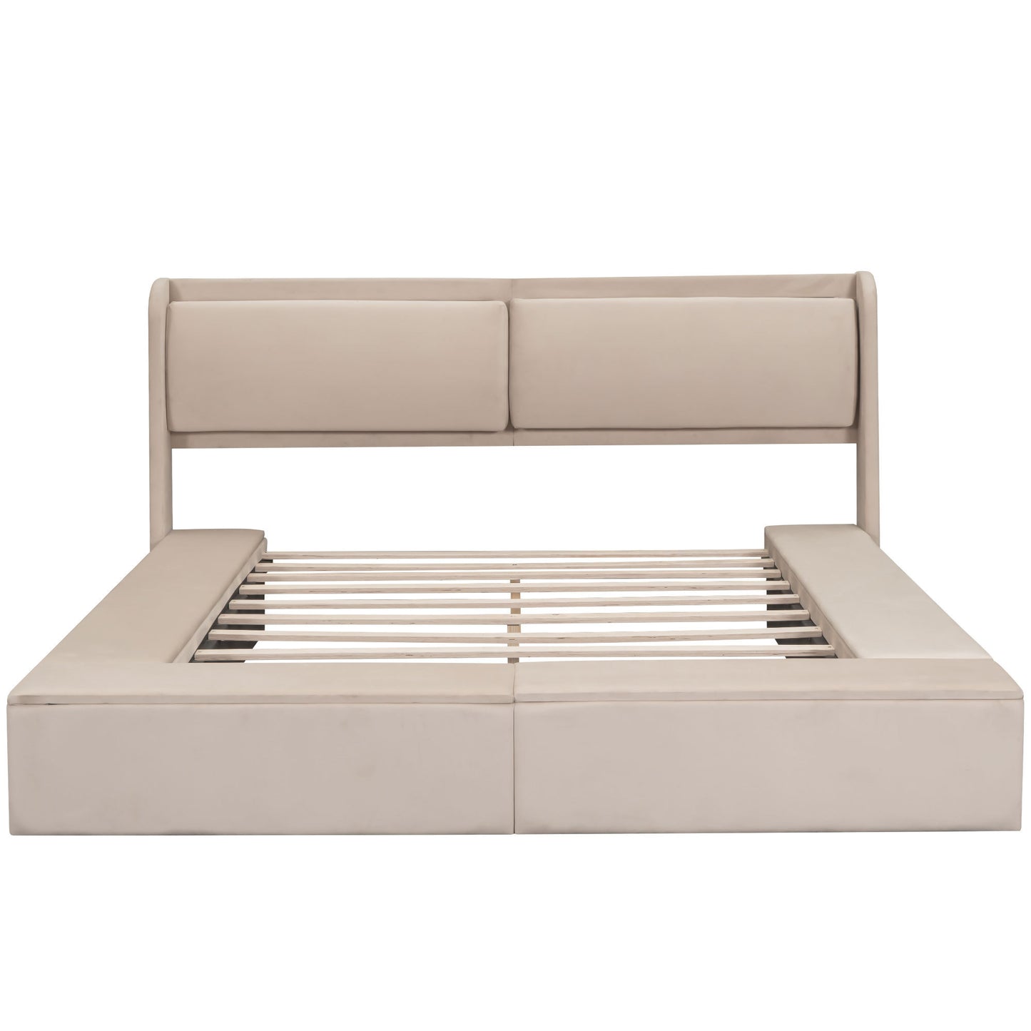 Queen Size Upholstery Storage Platform Bed with Storage Space on both Sides and Footboard, Beige - Enova Luxe Home Store