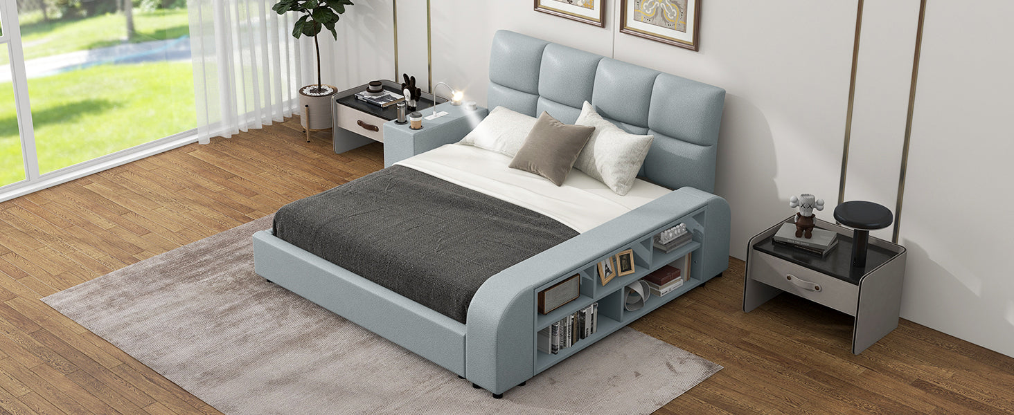 Queen Size Upholstered Platform Bed with Multimedia Nightstand and Storage Shelves, Gray - Enova Luxe Home Store