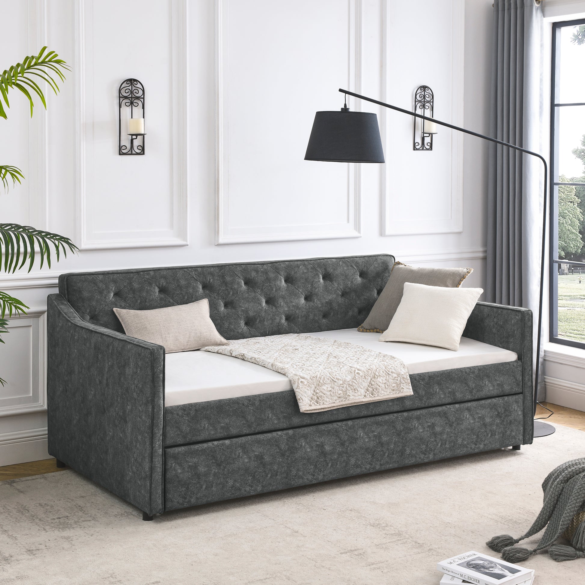 Twin Size Daybed with Twin Size Trundle Upholstered Tufted Sofa Bed,  Waved Shape Arms, Grey (80.5"x44.5"x33.5") - Enova Luxe Home Store