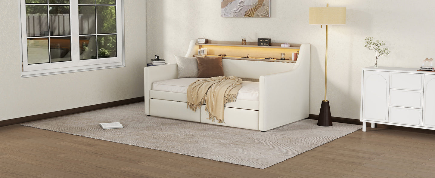 Twin Size Daybed with Storage Drawers, Upholstered Daybed with Charging Station and LED Lights, White - Enova Luxe Home Store