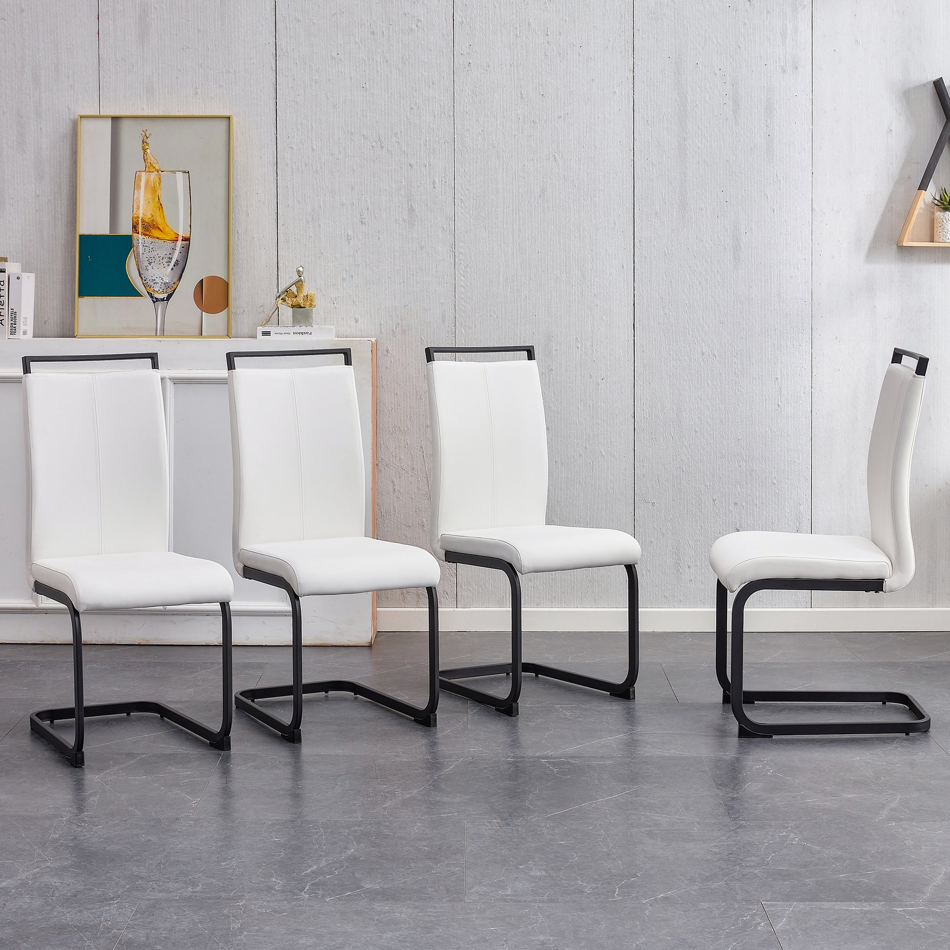 Table and chair set, 1 table with 4 white chairs. 0.4 "tempered glass desktop and black MDF, PU artificial leather high backrest cushion side chair, C-shaped tube black coated metal legs. - Enova Luxe Home Store
