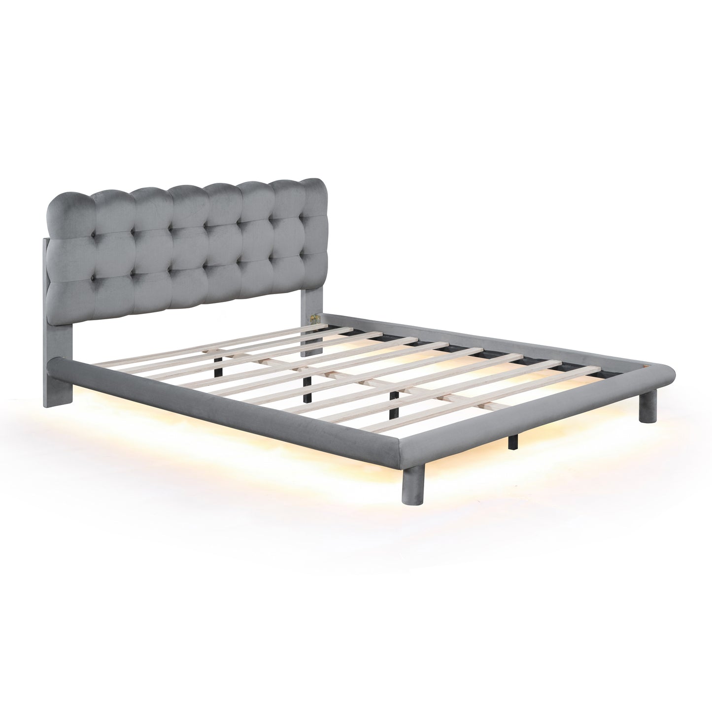Queen Size Velvet Platform Bed with LED Frame, Thick & Soft Fabric and Button-tufted Design Headboard, Gray