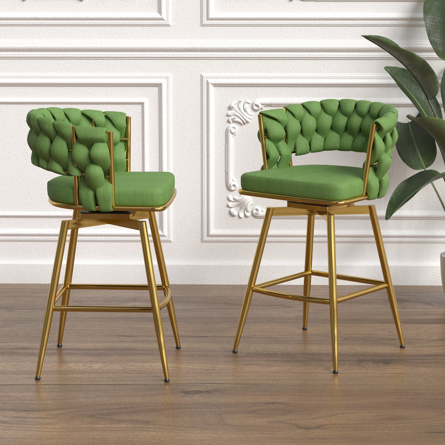 Bar Chair Linen Woven Bar Stool Set of 2,Golden legs Barstools No Adjustable Kitchen Island Chairs,360 Swivel Bar Stools Upholstered Bar Chair Counter Stool Arm Chairs with Back Footrest, (Green)