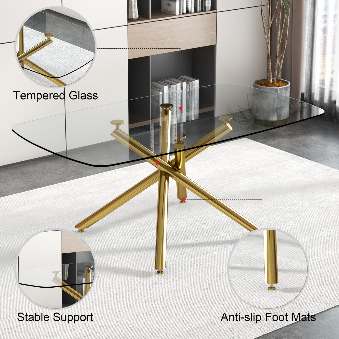 Large Modern Minimalist Rectangular Glass Dining Table for 6-8 with 0.39" Tempered Glass Tabletop and Golden Plated Metal Legs, for Kitchen Dining Living Meeting Room Banquet hall, 71'' x 39'' x30''