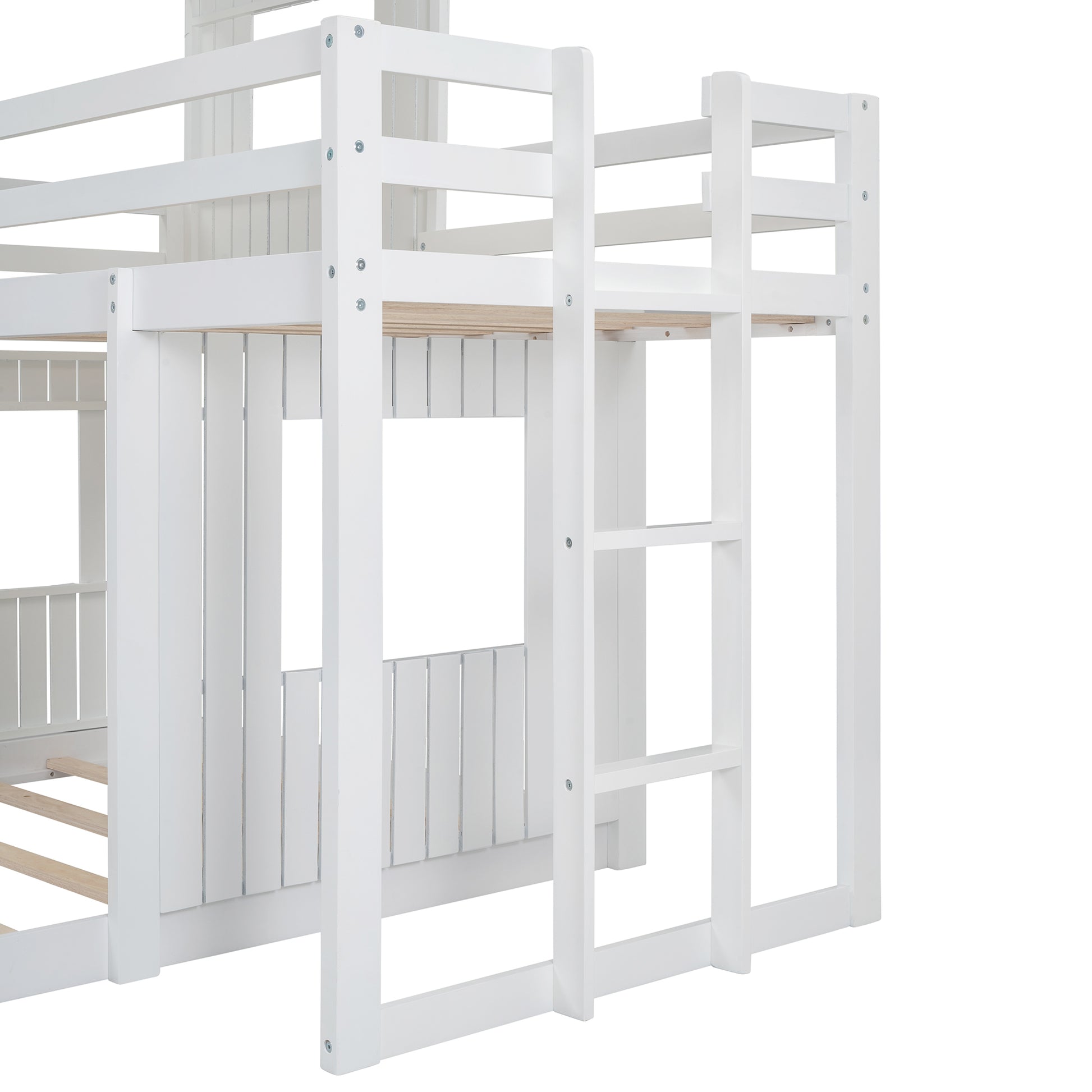 Wooden Twin Over Full Bunk Bed, Loft Bed with Playhouse, Farmhouse, Ladder and Guardrails, White - Enova Luxe Home Store