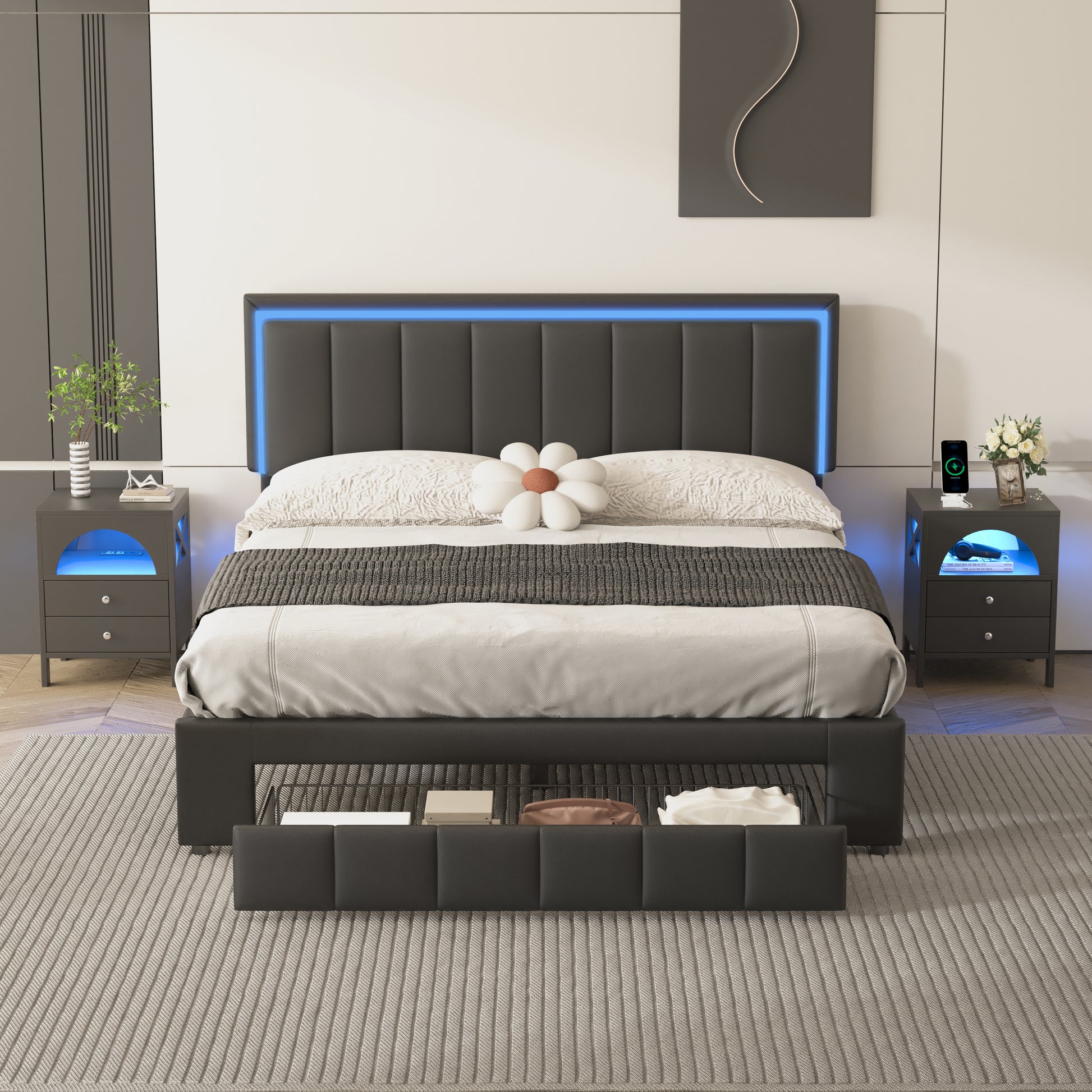 3-Pieces Bedroom Sets,Queen Size Upholstered Bed with LED Lights and Motion Activated Night Lights,Two Nightstands with USB Charging Station and LED lights,Black - Enova Luxe Home Store