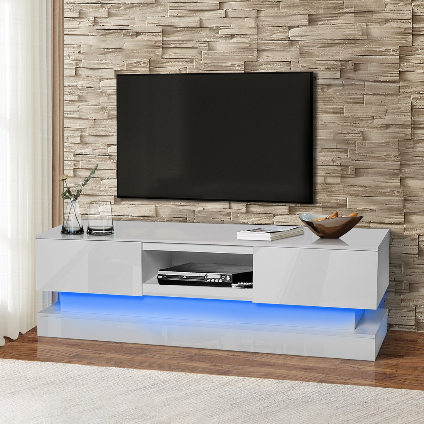 63inch  WHITE morden TV Stand with LED Lights,high glossy front TV Cabinet,can be assembled in Lounge Room, Living Room or Bedroom,color:WHITE - Enova Luxe Home Store