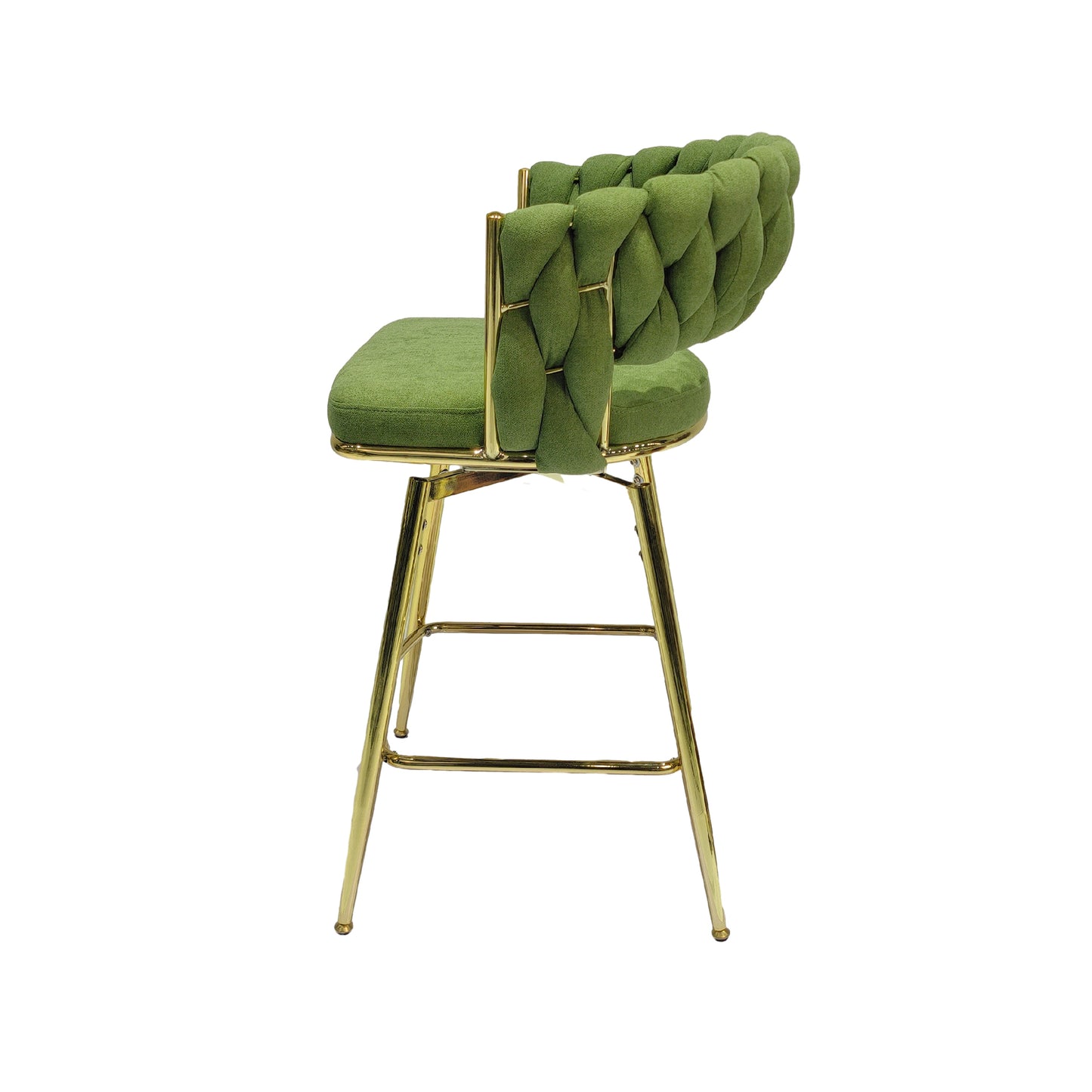 Bar Chair Linen Woven Bar Stool Set of 2,Golden legs Barstools No Adjustable Kitchen Island Chairs,360 Swivel Bar Stools Upholstered Bar Chair Counter Stool Arm Chairs with Back Footrest, (Green)