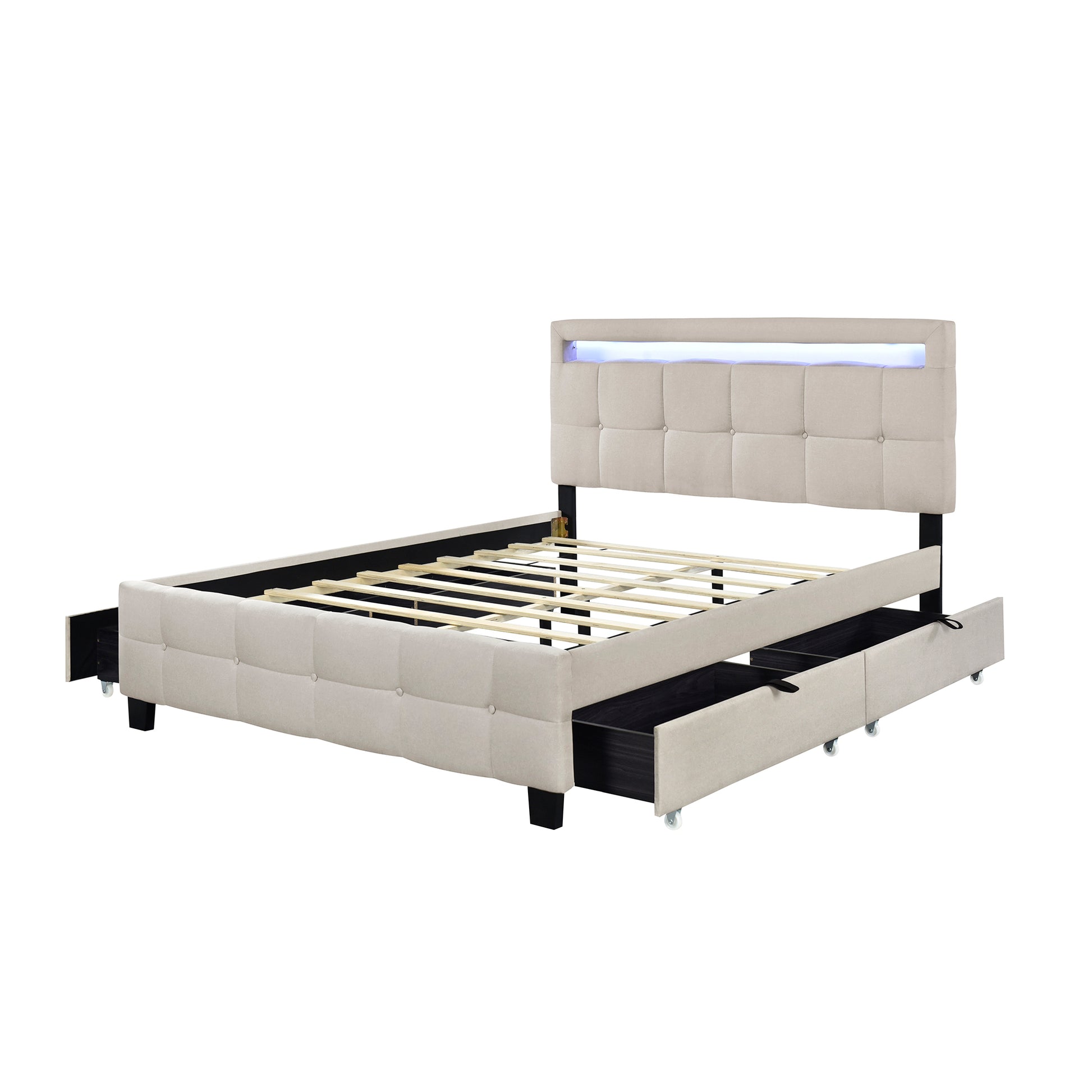 Queen Size Upholstered Platform Bed with LED Frame and 4 Drawers, Linen Fabric, Beige - Enova Luxe Home Store