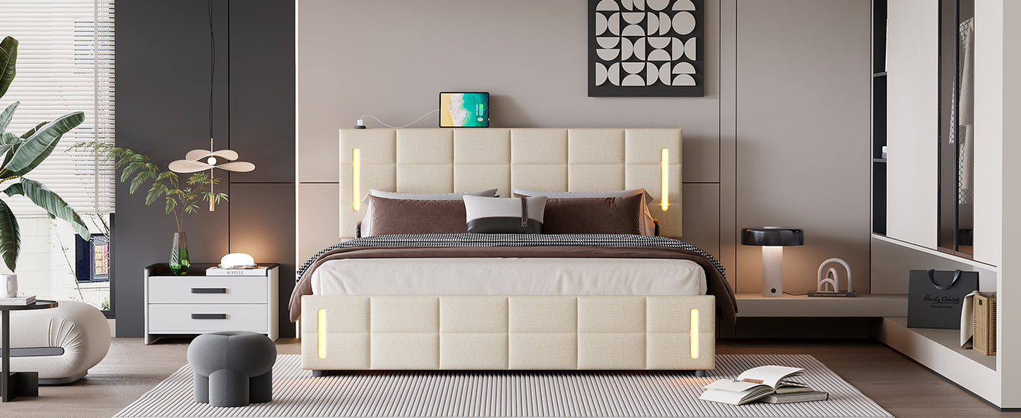 Queen Size Upholstered Bed with Hydraulic Storage System and LED Light, Beige - Enova Luxe Home Store