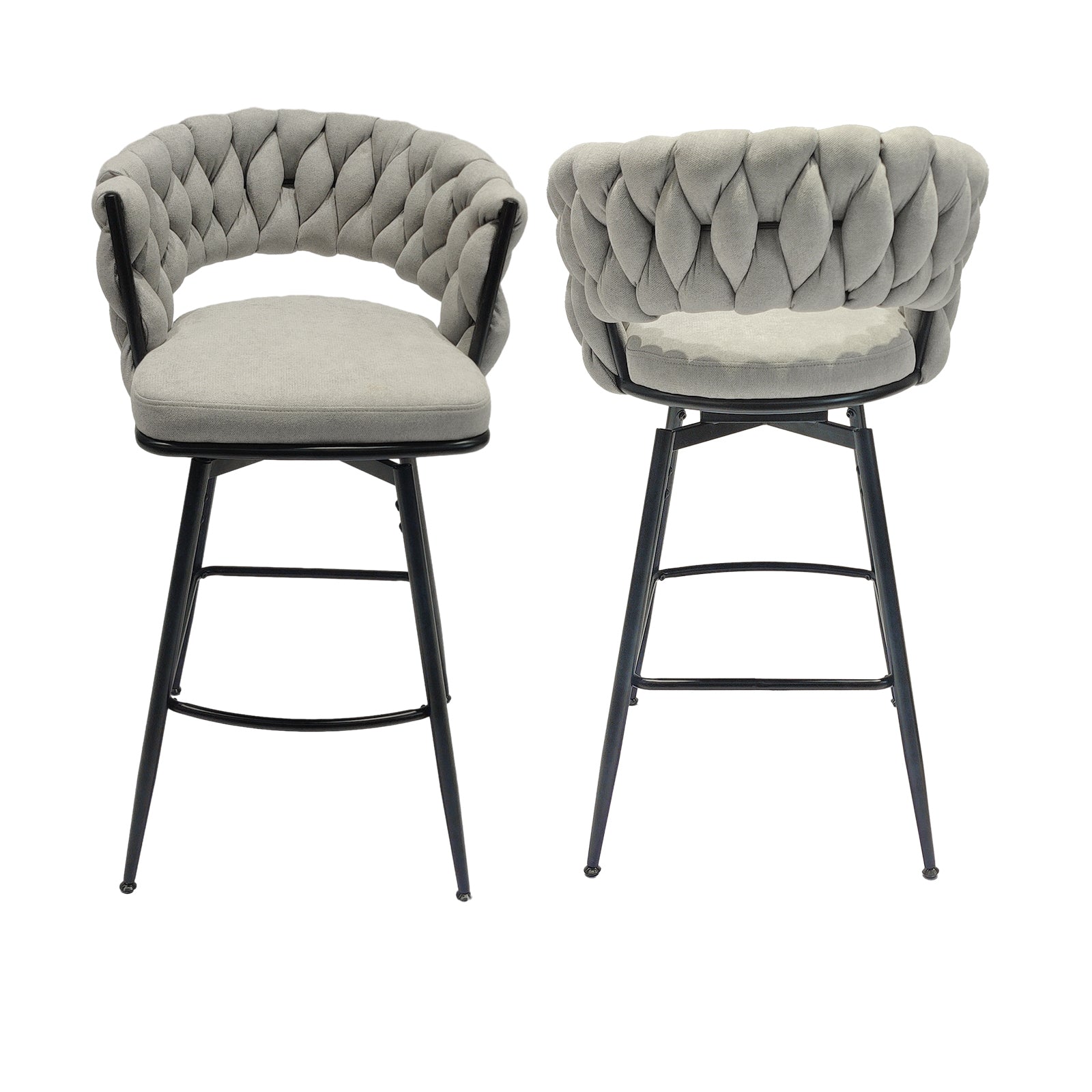 Bar Chair Linen Woven Bar Stool Set of 2,Black legs Barstools No Adjustable Kitchen Island Chairs,360 Swivel Bar Stools Upholstered Bar Chair Counter Stool Arm Chairs with Back Footrest, (Grey) - Enova Luxe Home Store