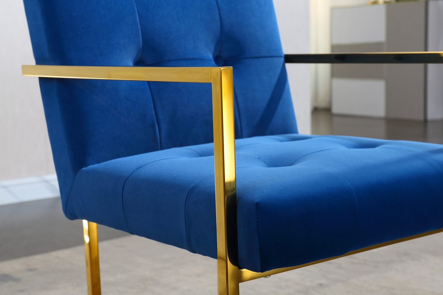 Modern Velvet Dining Arm Chair Set of 1, Tufted Design and Gold Finish Stainless Base