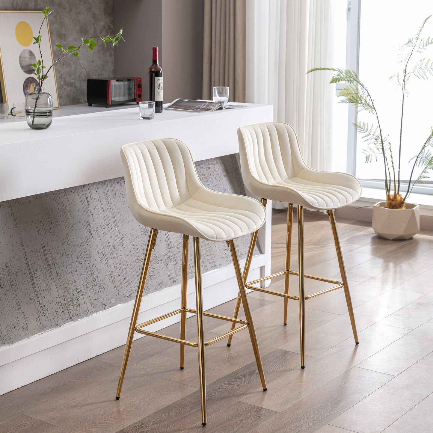 30 inch Set of 2 Bar Stools,with Chrome Footrest Velvet Fabric Counter Stool Golden Leg Simple High Bar Stool,CREAM - Enova Luxe Home Store