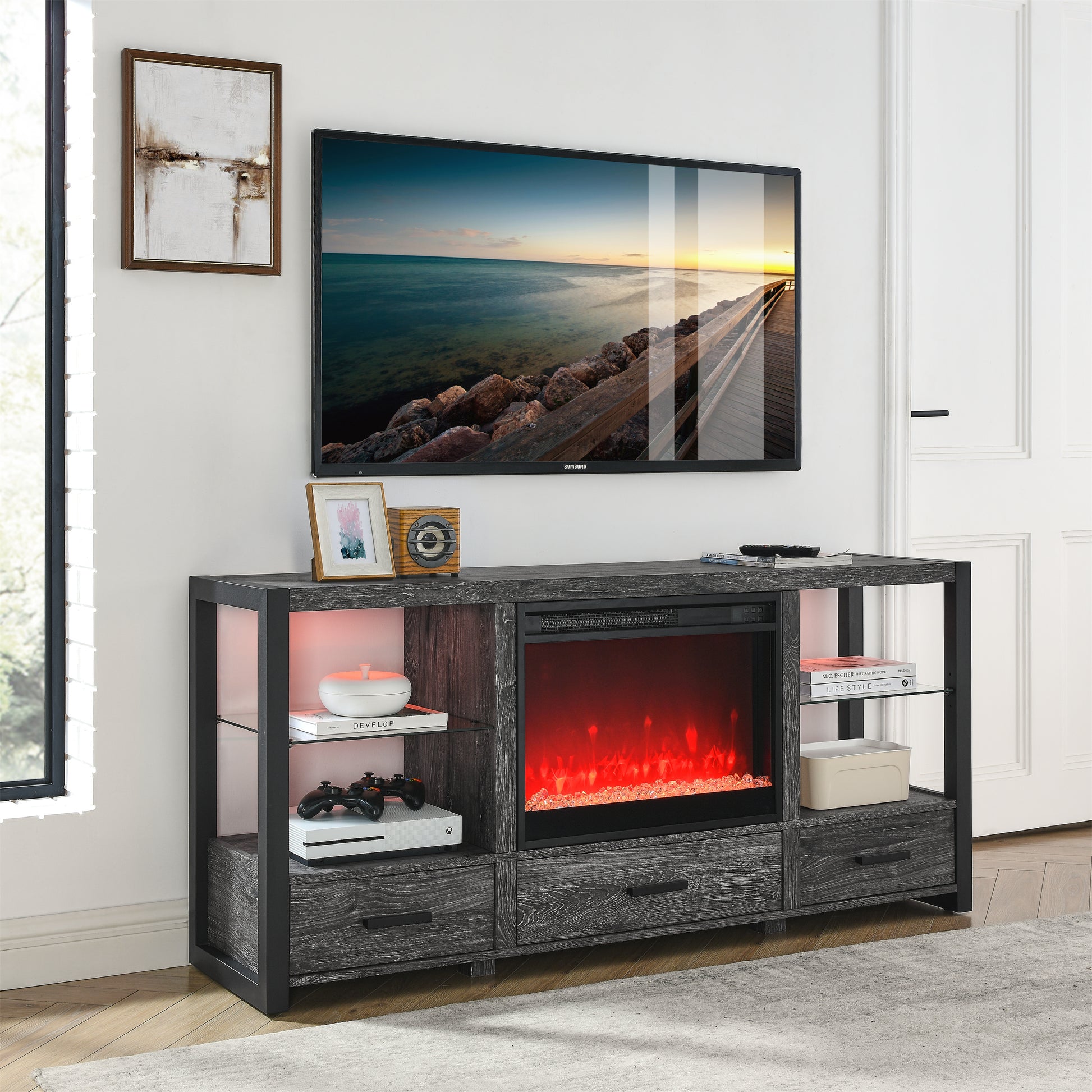 60 Inch Electric Fireplace Media TV Stand With Sync Colorful LED Lights-Dark rustic oak color - Enova Luxe Home Store