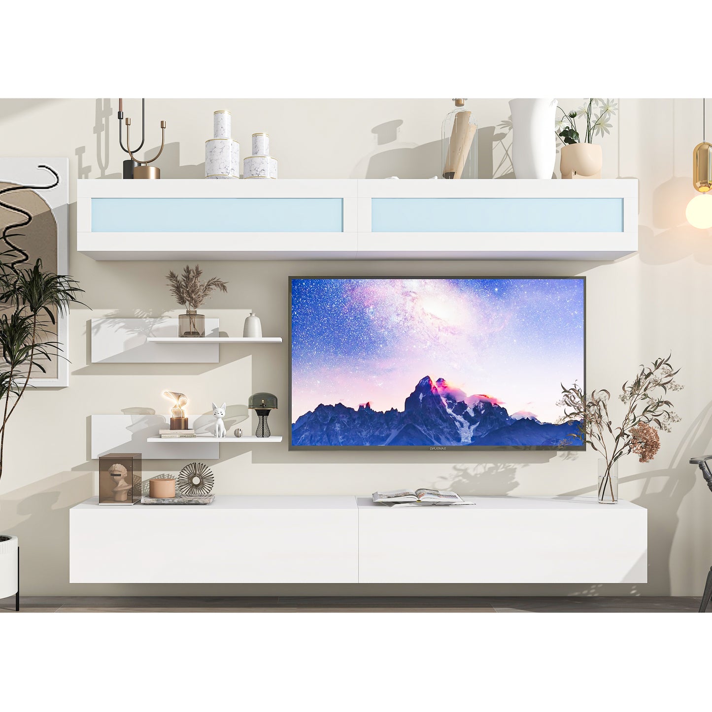 ON-TREND Wall Mount Floating TV Stand with Four Media Storage Cabinets and Two Shelves, Modern High Gloss Entertainment Center for 95+ Inch TV, 16-color RGB LED Lights for Living Room, Bedroom, White - Enova Luxe Home Store