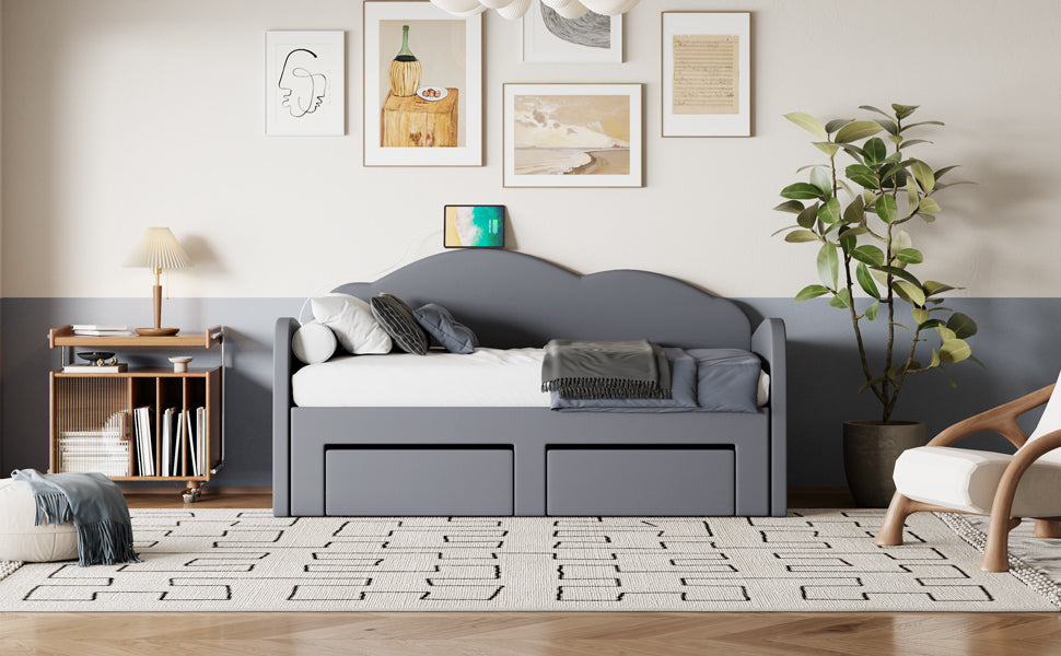 Twin Size Upholstered daybed with Cloud-Shaped Backrest, Trundle & 2 Drawers and USB Ports, Gray - Enova Luxe Home Store