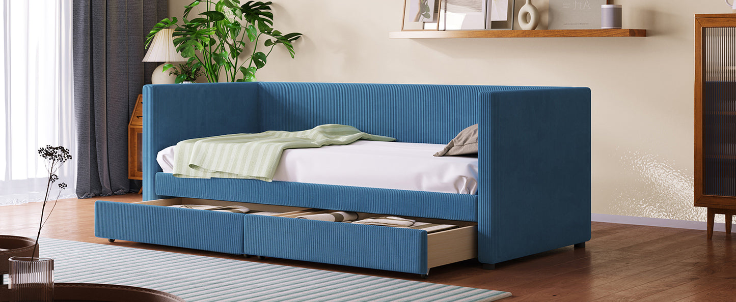 Twin Size Corduroy Daybed with Two Drawers and Wood Slat, Blue