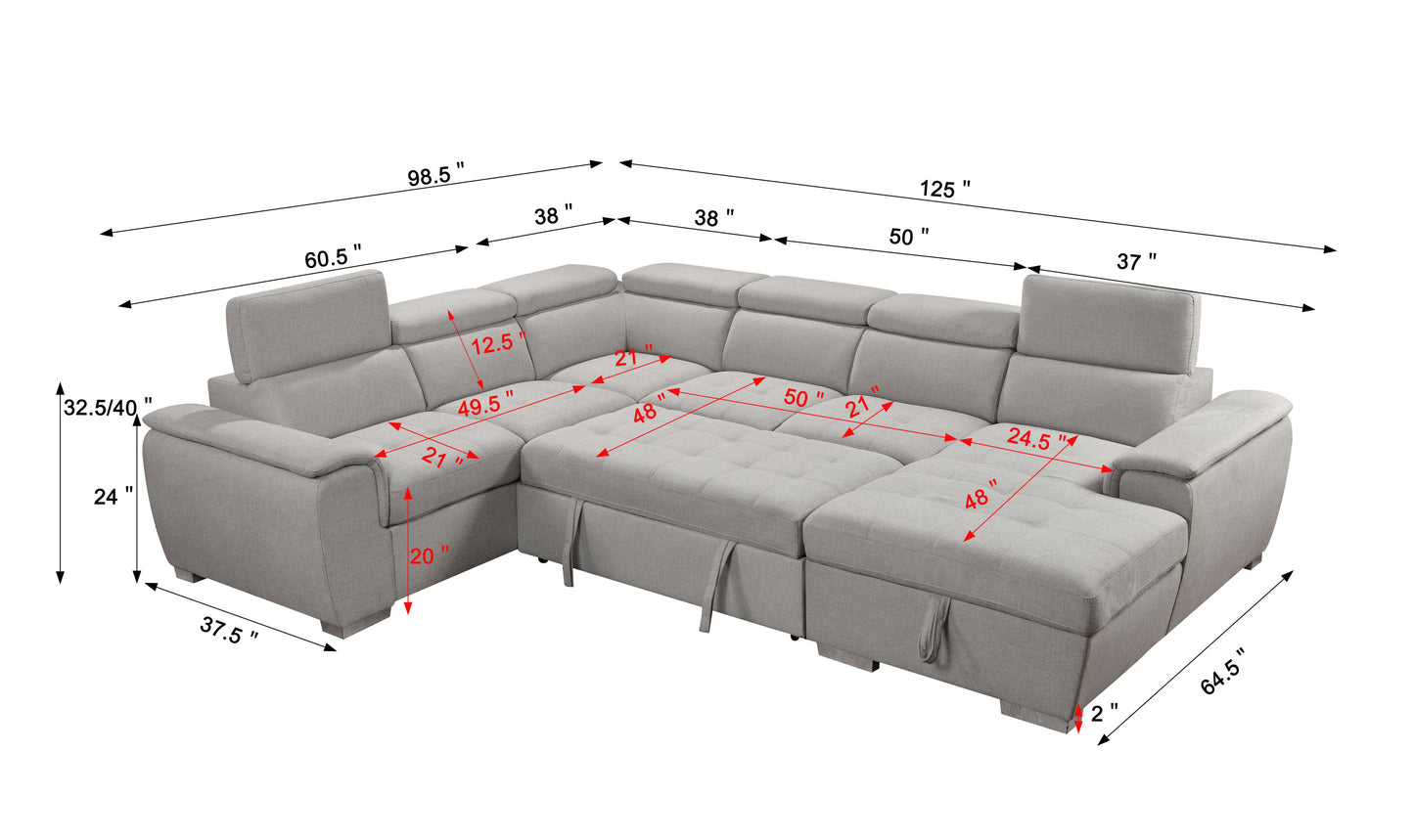 Modern U Shaped 7-seat Sectional Sofa Couch with Adjustable Headrest, Sofa Bed with Storage Chaise-Pull Out Couch Bed for Living Room ,Beige