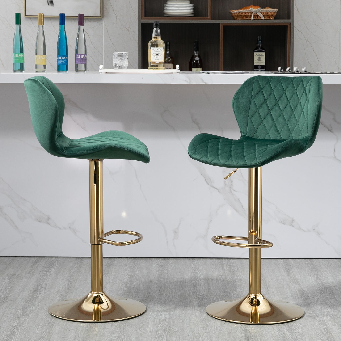 Green Velvet Adjustable Swivel Bar Stools Set Of 2 Modern Counter Height Barstools With Golden Color Base - Enova Luxe Home Store