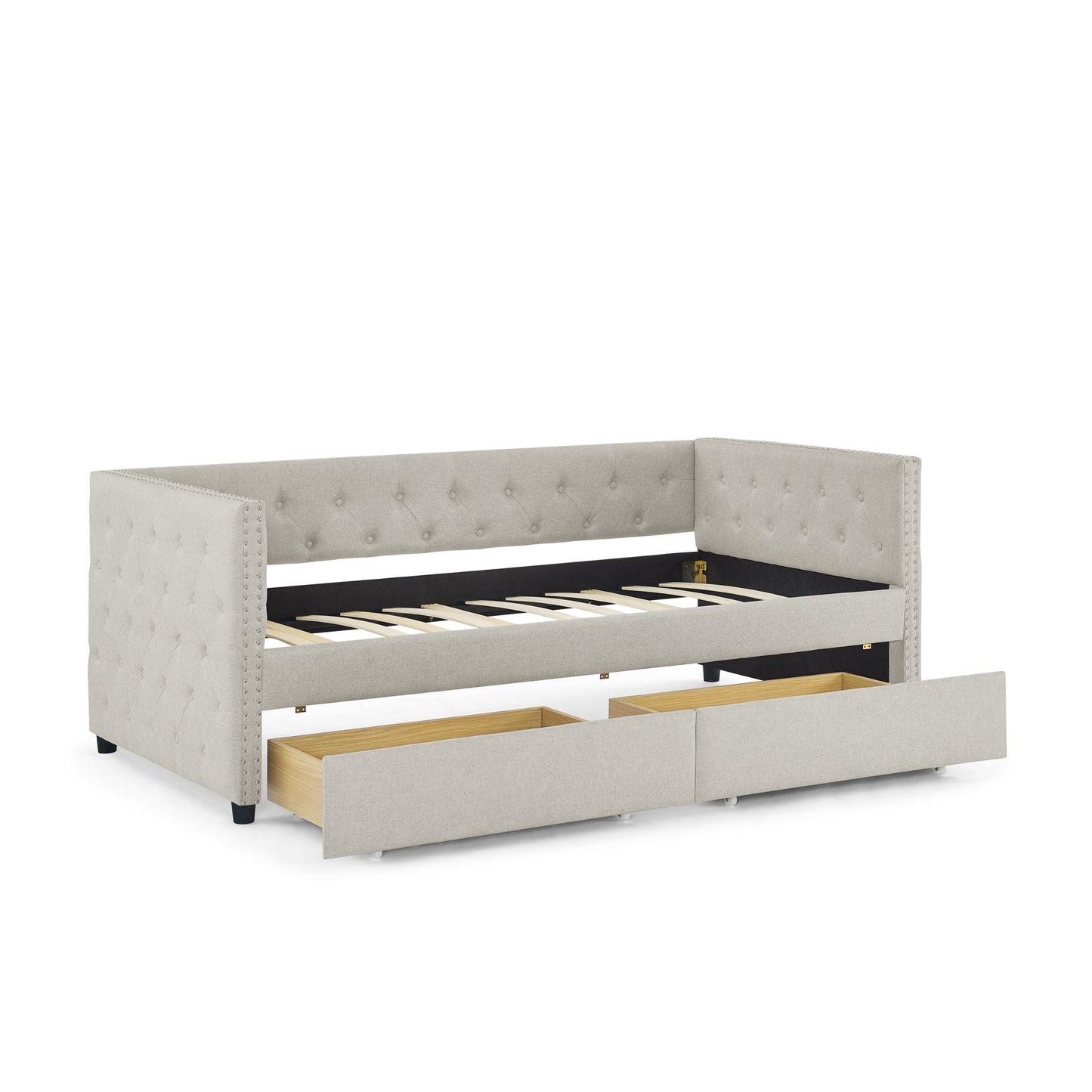 Upholstered Twin Size Daybed with Two Drawers, with Button and Copper Nail on Square Arms, Beige (82.75''x43''x30.75'')