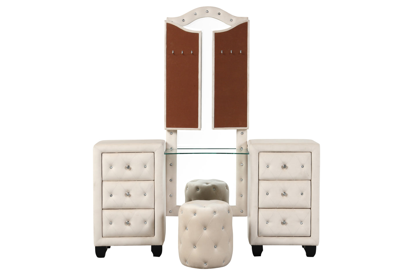 Sophia Crystal Tufted King 4 Pc Vanity Bedroom Set Made with Wood in Cream