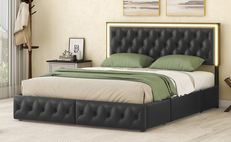 Queen Upholstered Bed Frame with 4 Storage Drawers, PU Leather Platform Bed with LED Headboard, No Box Spring Needed, Black - Enova Luxe Home Store
