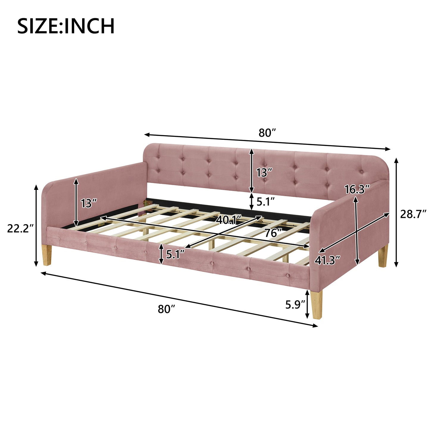 Twin Size Upholstered Daybed with 4 Support Legs, Pink