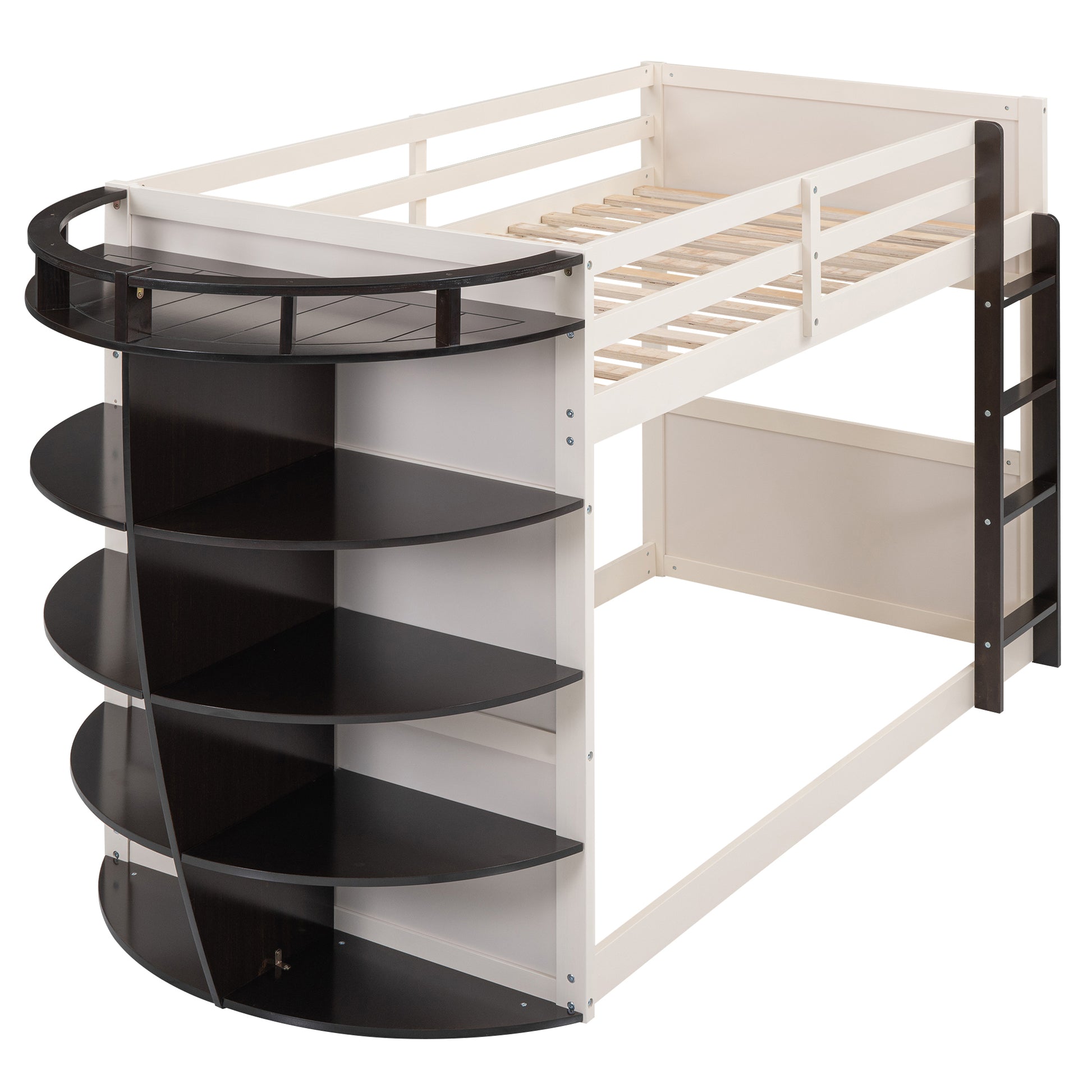 Twin over Twin Boat-Like Shape Bunk Bed with Storage Shelves, Cream+Espresso - Enova Luxe Home Store