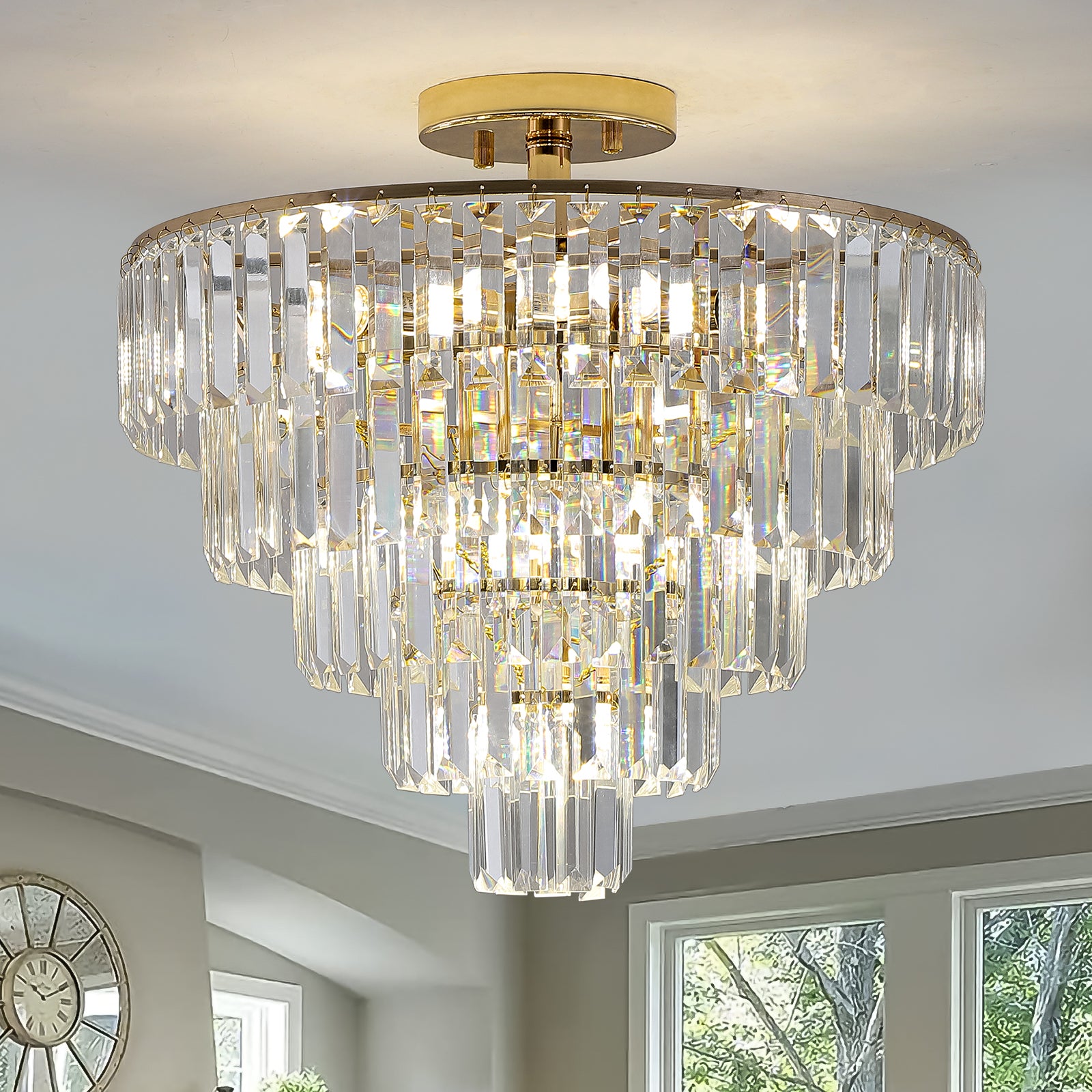Gold Crystal Chandeliers,5-Tier Round Semi Flush Mount Chandelier Light Fixture,Large Contemporary Luxury Ceiling Lighting for Living Room Dining Room Bedroom Hallway - Enova Luxe Home Store