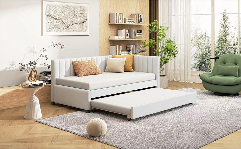 Upholstered Daybed with Trundle Twin Size Sofa Bed Frame No Box Spring Needed, Linen Fabric(Beige)