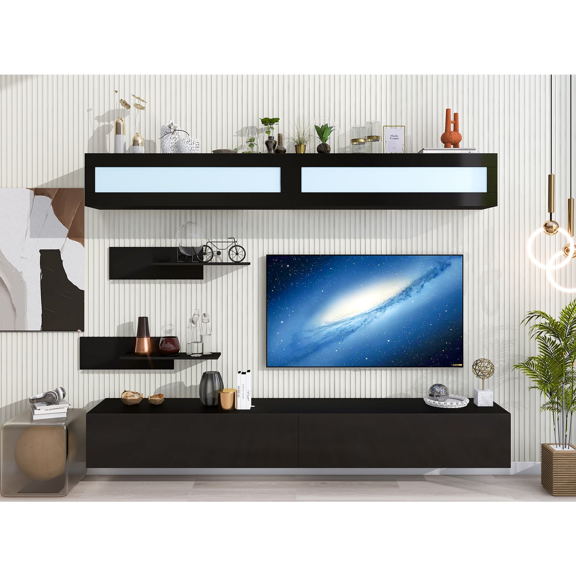 ON-TREND Wall Mount Floating TV Stand with Four Media Storage Cabinets and Two Shelves, Modern High Gloss Entertainment Center for 95+ Inch TV, 16-color RGB LED Lights for Living Room, Bedroom, Black - Enova Luxe Home Store