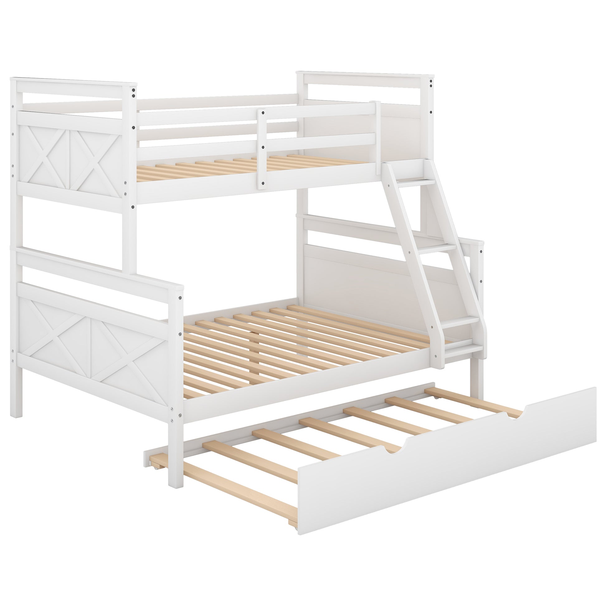 Twin over Full Bunk Bed with Ladder, Twin Size Trundle, Safety Guardrail, White - Enova Luxe Home Store