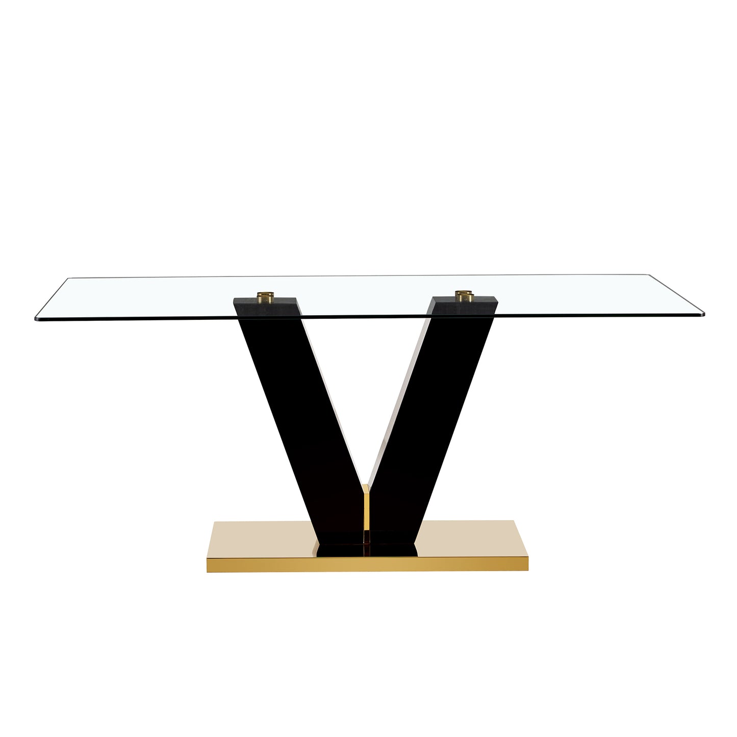 Large Modern Minimalist Rectangular Glass Dining Table for 6-8 with 0.4" Tempered Glass Tabletop and MDF slab V-Shaped Bracket and metal base,For Kitchen Dining Living Meeting Room Banquet Hall F-V