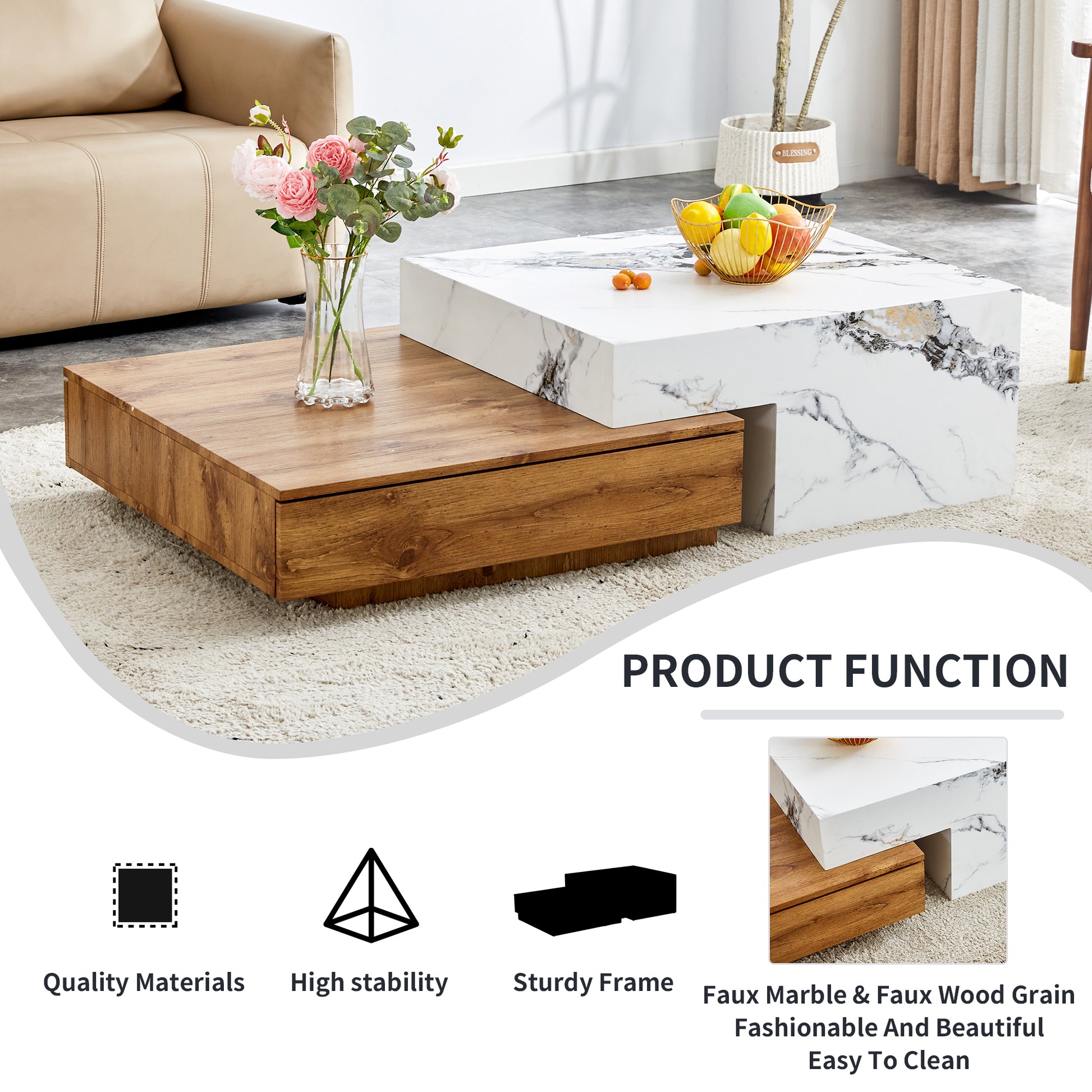A modern MDF coffee table in white and wood tones, equipped with drawers for storage. The fusion of elegance and natural fashion.  49.80" *30.70" *13.80"  CT-DI-70 - Enova Luxe Home Store