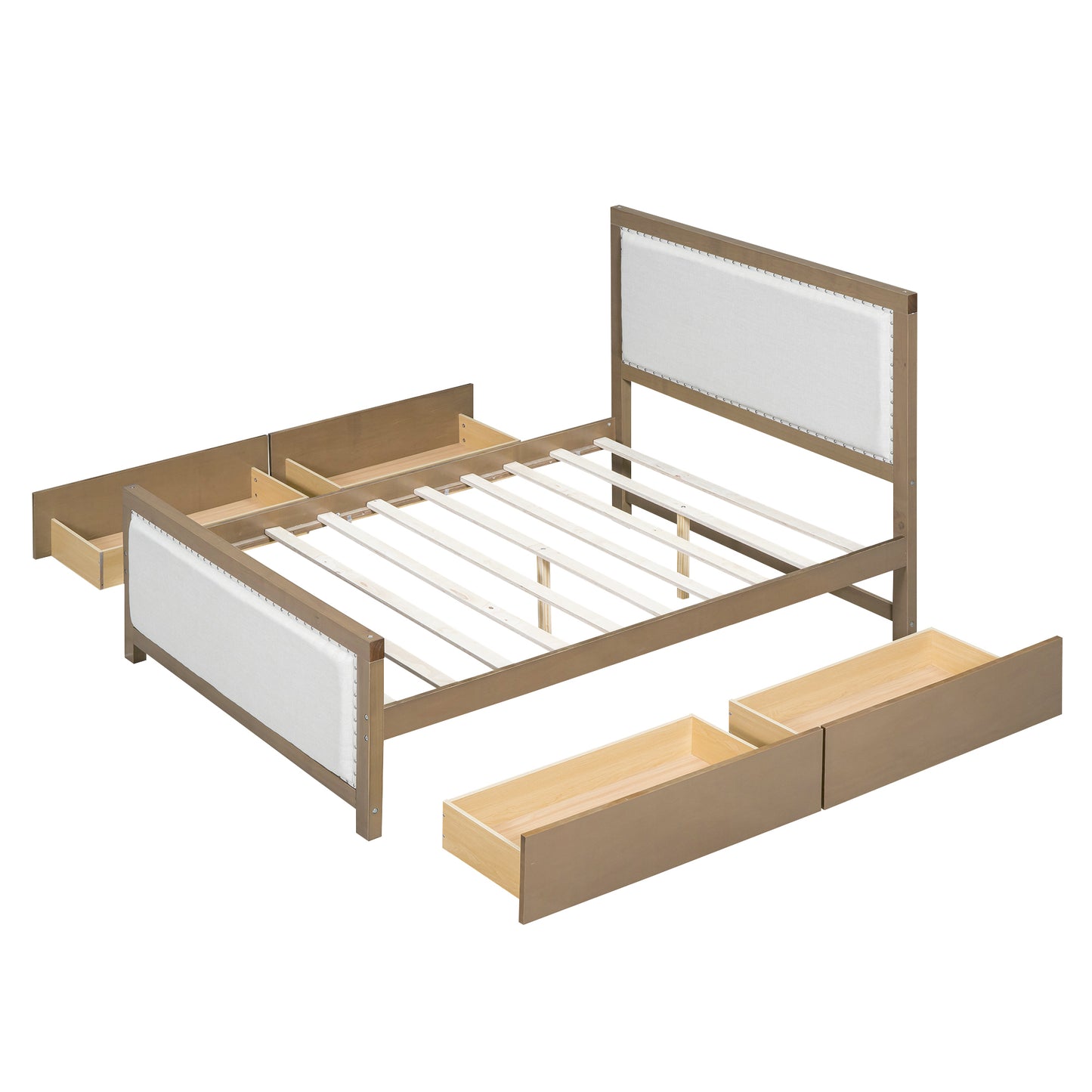 Full Size Upholstered Platform Bed with Wood Frame and 4 Drawers, Natural Wooden+Beige Fabric