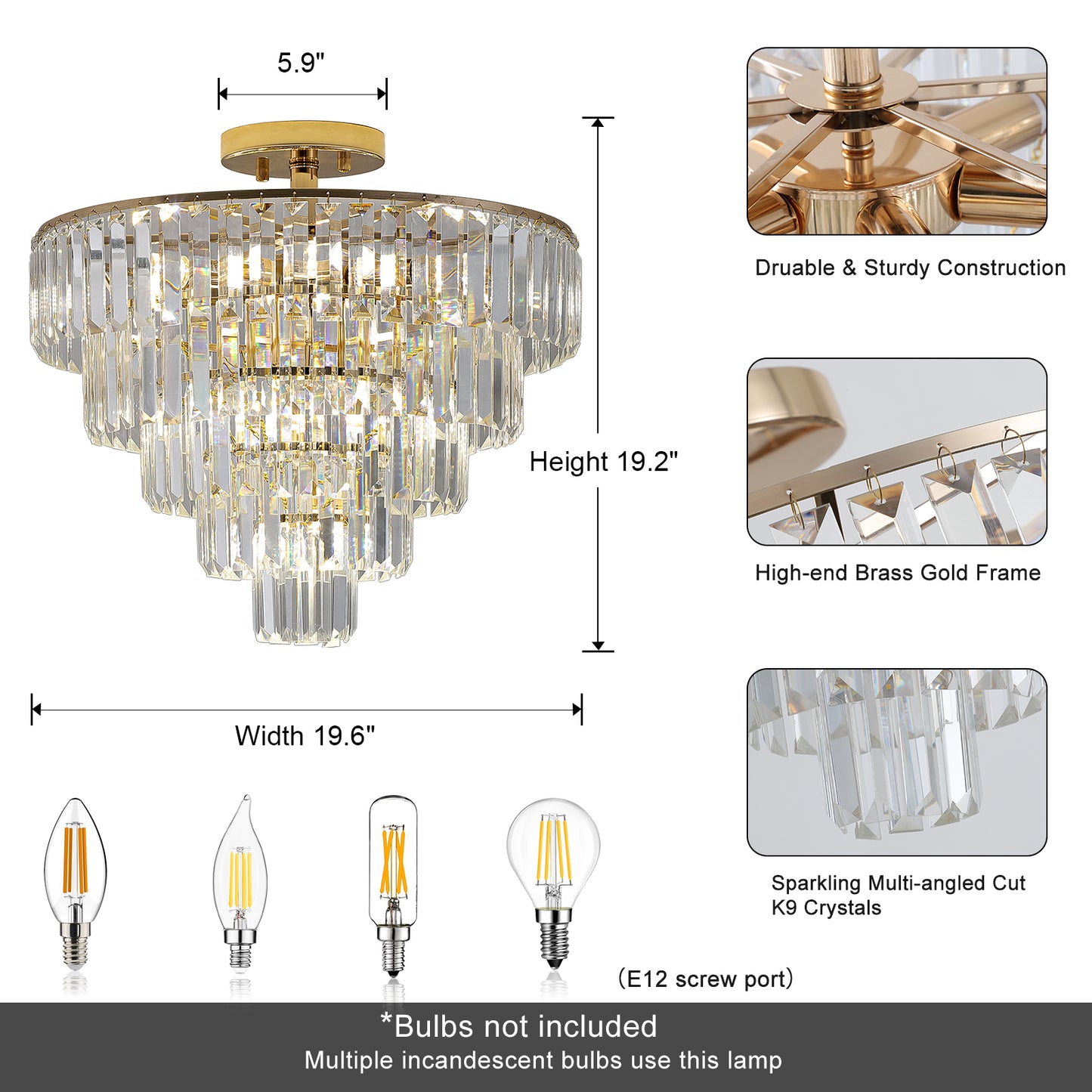 Gold Crystal Chandeliers,5-Tier Round Semi Flush Mount Chandelier Light Fixture,Large Contemporary Luxury Ceiling Lighting for Living Room Dining Room Bedroom Hallway - Enova Luxe Home Store