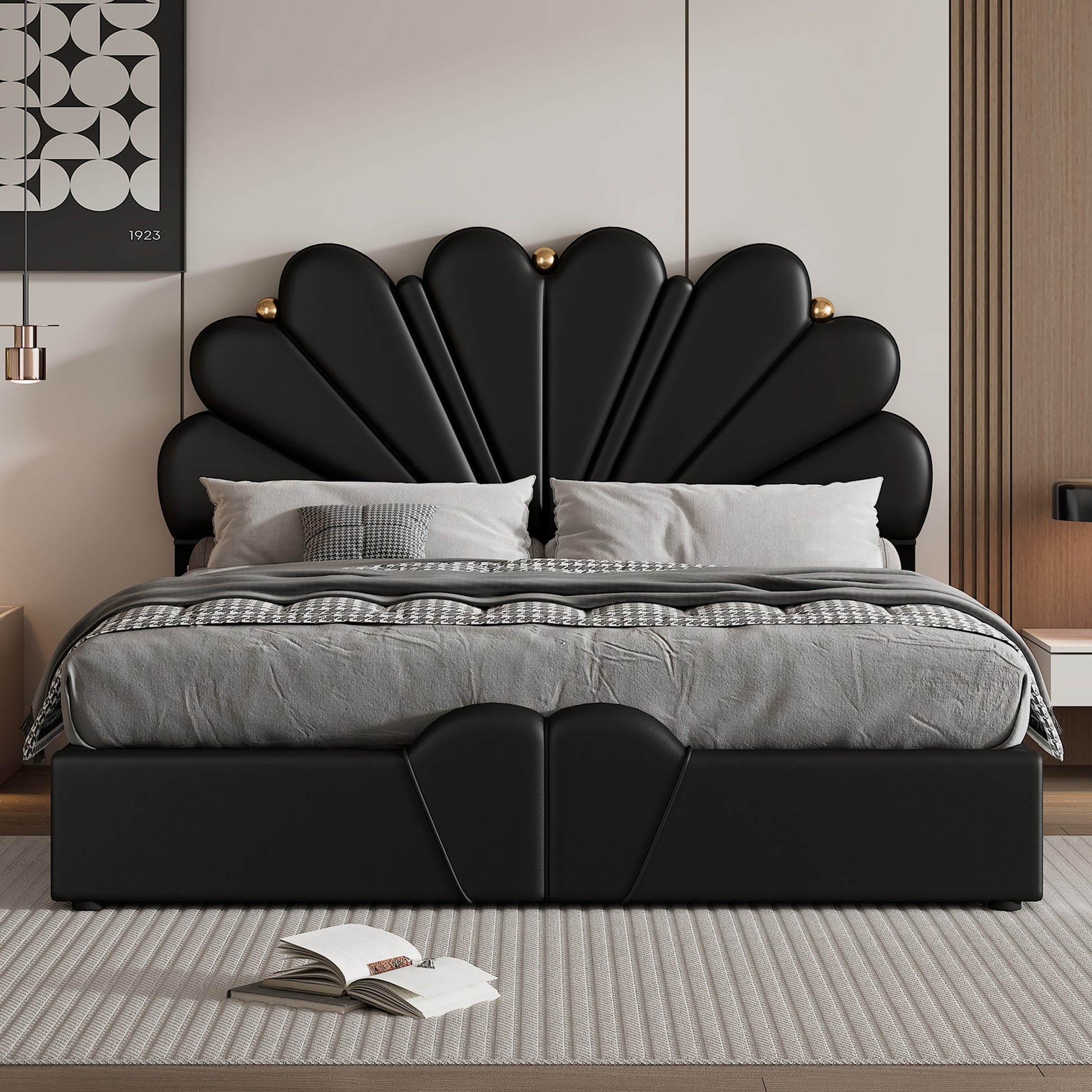 Queen Size Upholstered  Petal Shaped Platform Bed  with Hydraulic Storage System, PU Storage Bed, Decorated with metal balls, Black - Enova Luxe Home Store