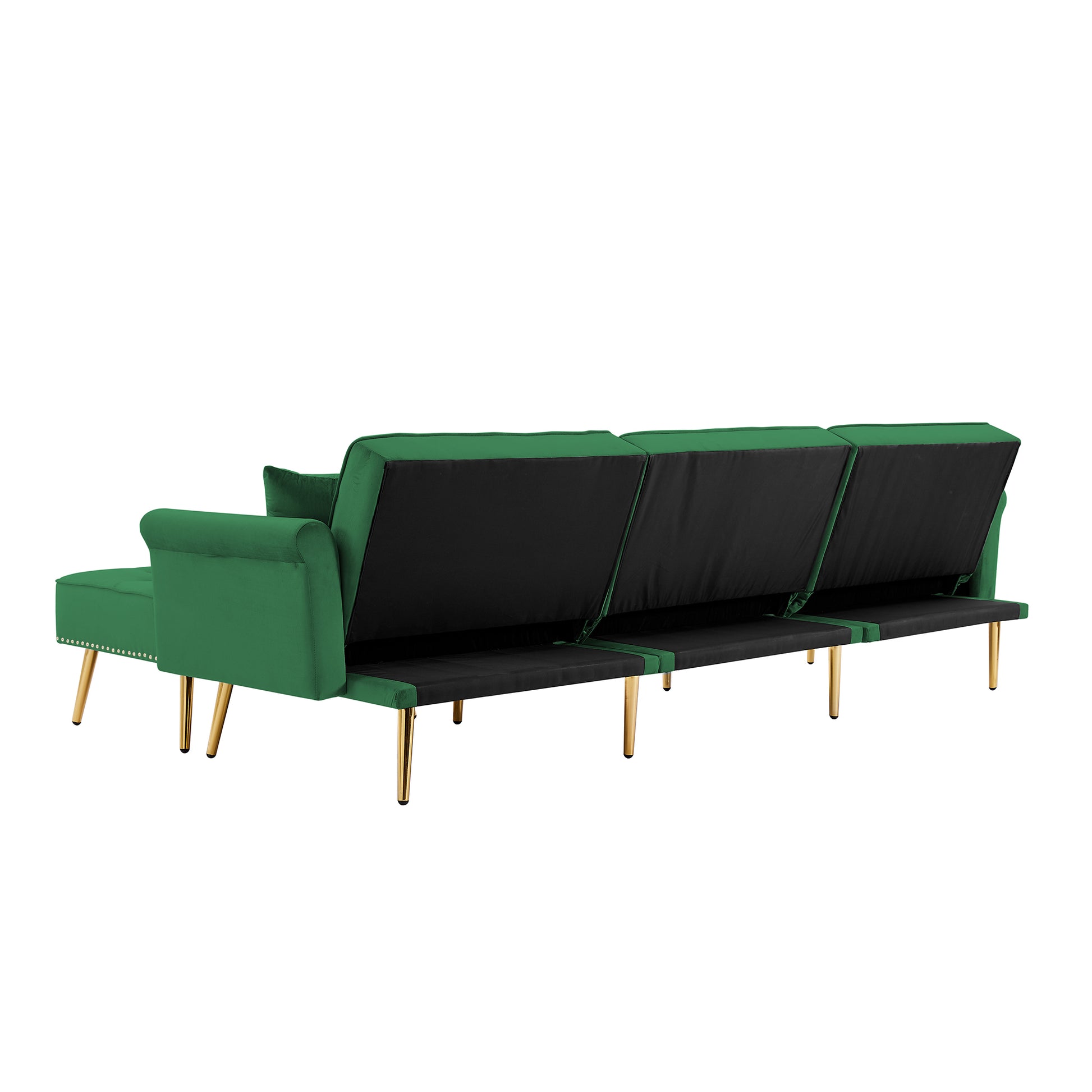 Modern Velvet Upholstered Reversible Sectional Sofa Bed , L-Shaped Couch with Movable Ottoman and Nailhead Trim For Living Room. (Green) - Enova Luxe Home Store