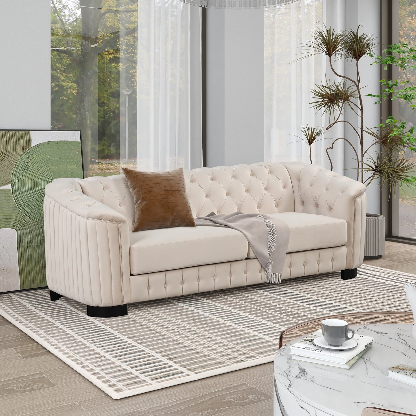 Modern 3-Piece Sofa Sets with Rubber Wood Legs,Velvet Upholstered Couches Sets Including Three Seat Sofa, Loveseat and Single Chair for Living Room Furniture Set,Beige - Enova Luxe Home Store